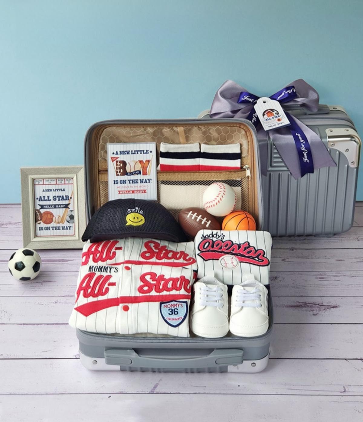 Premium Blue Sports-Themed Baby Shower Gift Set - Newborn Essentials Basket with Soft Blanket, Cute Outfits, Sponge Balls & Photo Frame in Elegant Gift Box | Perfect Baby Shower, Welcome Newborn & Birthday Present for Boys & Girls | Ideal for Nursery Decor, First Photos & Special Celebrations