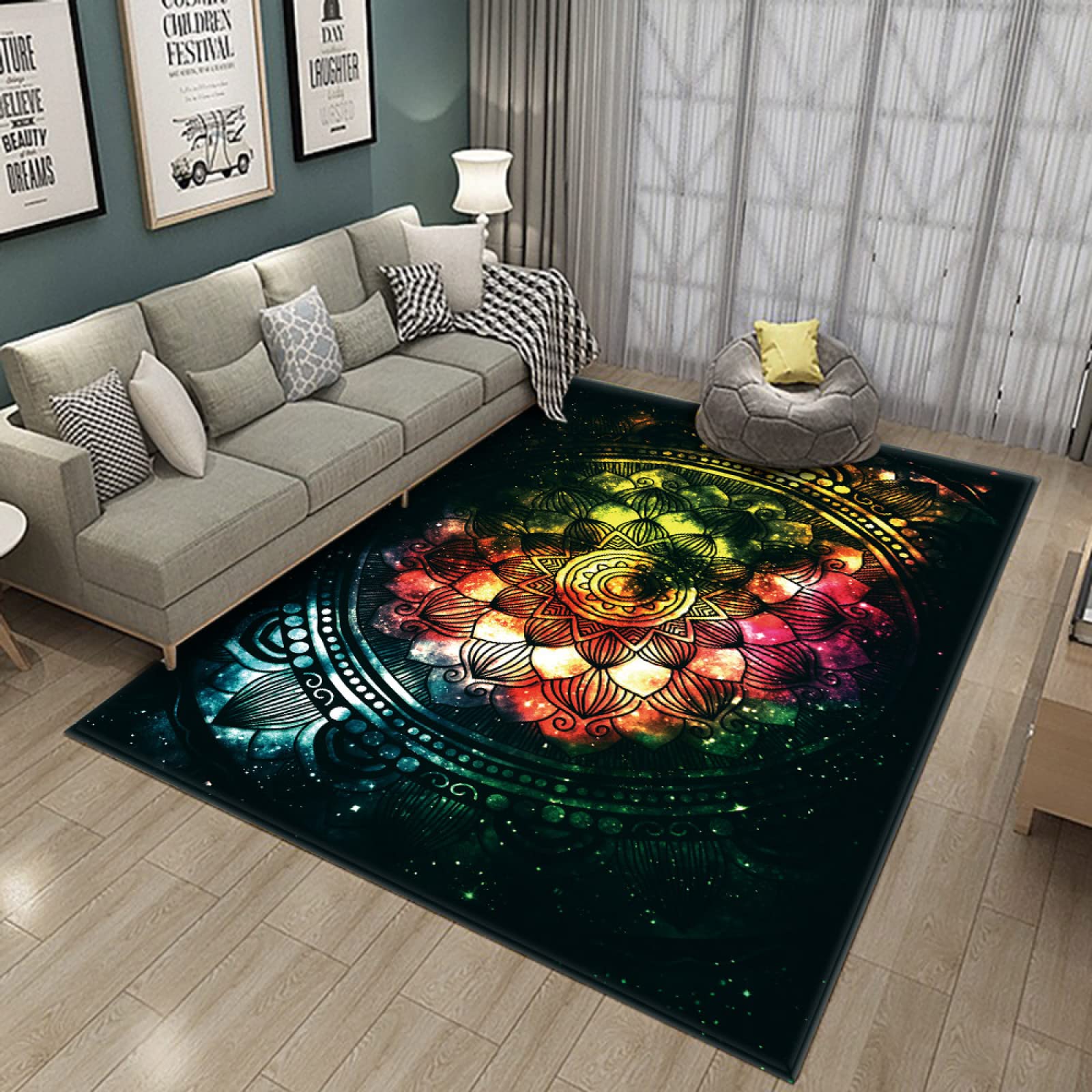 Stylish Multicolor Mandala Printed Area Rug - Non-Slip Backing, Soft & Durable 6x8ft Floor Mat for Living Room, Bedroom, Study | Perfect for Boho Decor, Yoga Space & Cozy Home Atmosphere