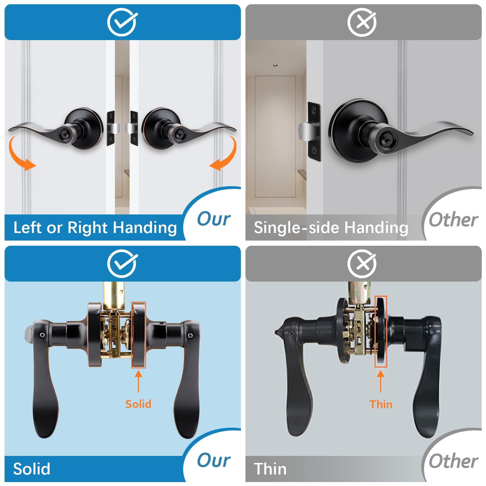 10 Pack Interior Door Handles with Lock and Keys - Keyed Alike Bedroom & Bathroom Door Knobs Set - Oil Rubbed Bronze Finish - Right/Left Handed Lever Door Locks for Home, Office & Apartment Security