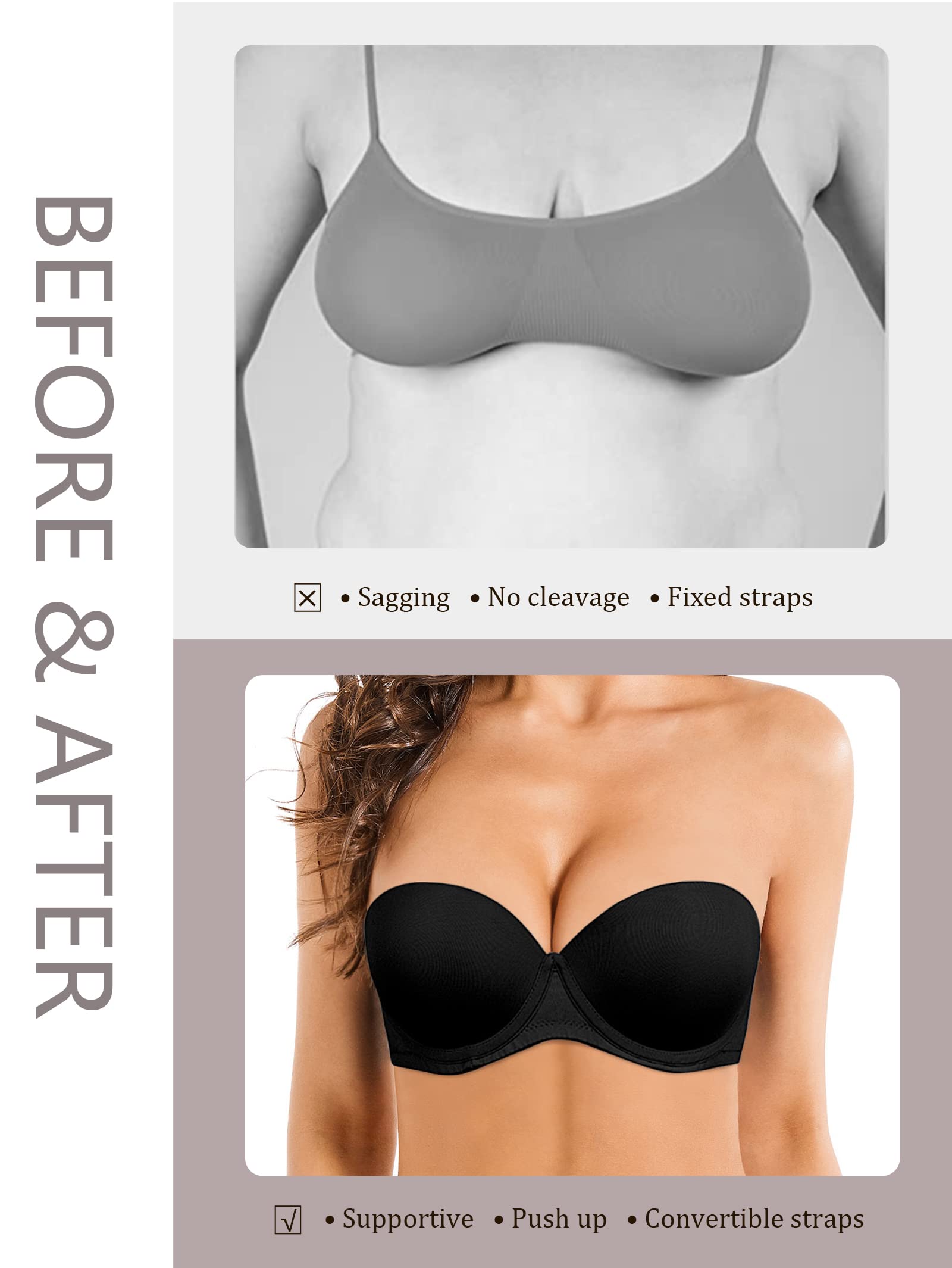 Women's Push Up Strapless Bra - Thick Padded Lift & Support Convertible Bras with Clear Straps | Perfect for Backless Dresses, Formal Wear & Special Occasions