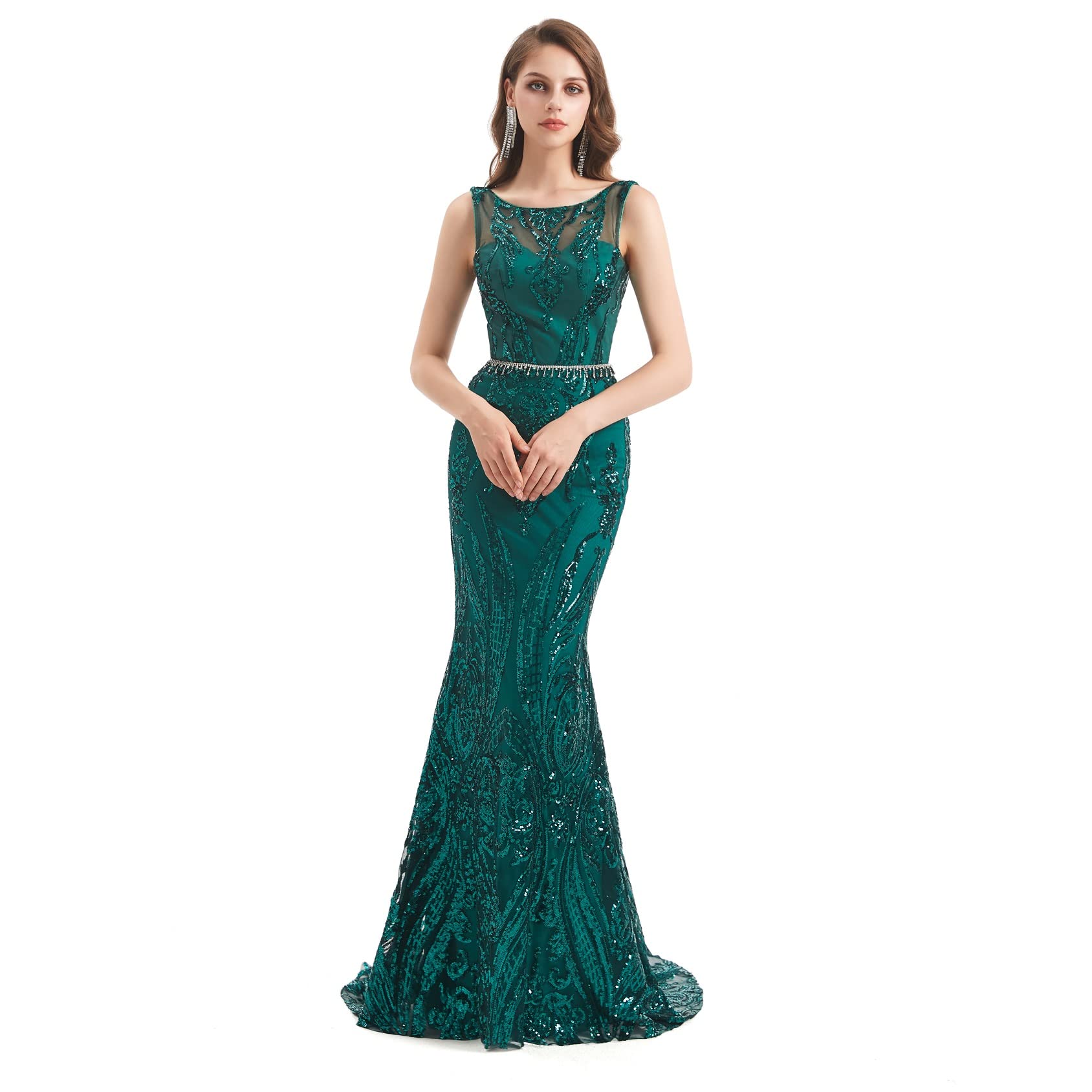 Elegant Green Sequin Mermaid Evening Dress for Women - Formal Party Prom Gown with Round Neckline | Perfect for Prom, Evening Galas, and Special Occasions