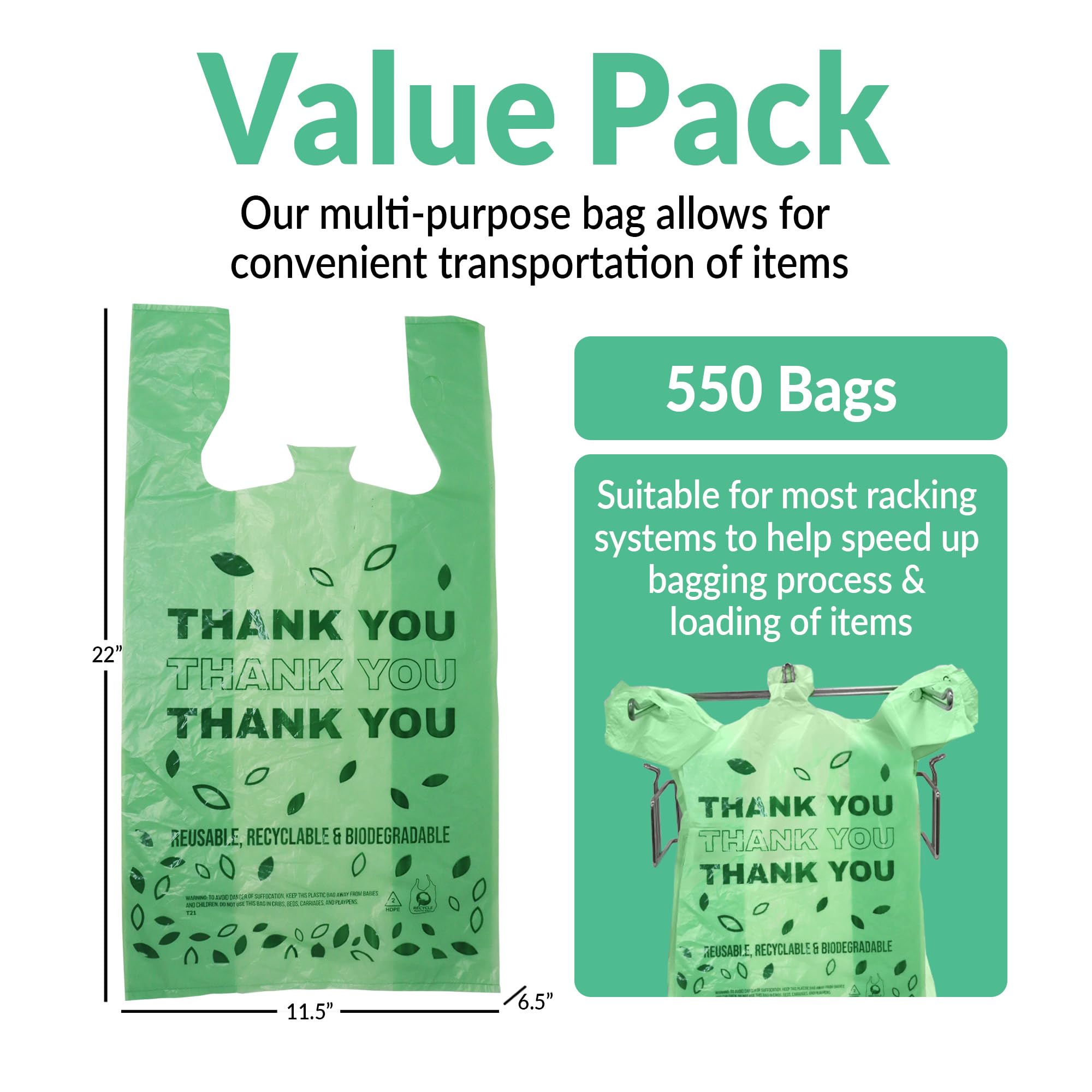 Eco-Friendly Biodegradable Thank You Bags - 550 Count Bulk Pack | Compostable Shopping Bags for Grocery, Retail & Restaurant Use | OXO-Biodegradable Plastic Bags 11.5