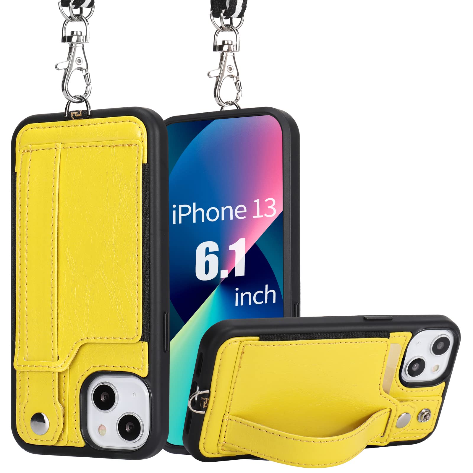 TOOVREN iPhone 13 Wallet Case with Card Holder & Stand - PU Leather Protective Phone Cover with Lanyard for Women & Men (6.1 Inch, Yellow) - Perfect for Travel, Shopping & Everyday Use
