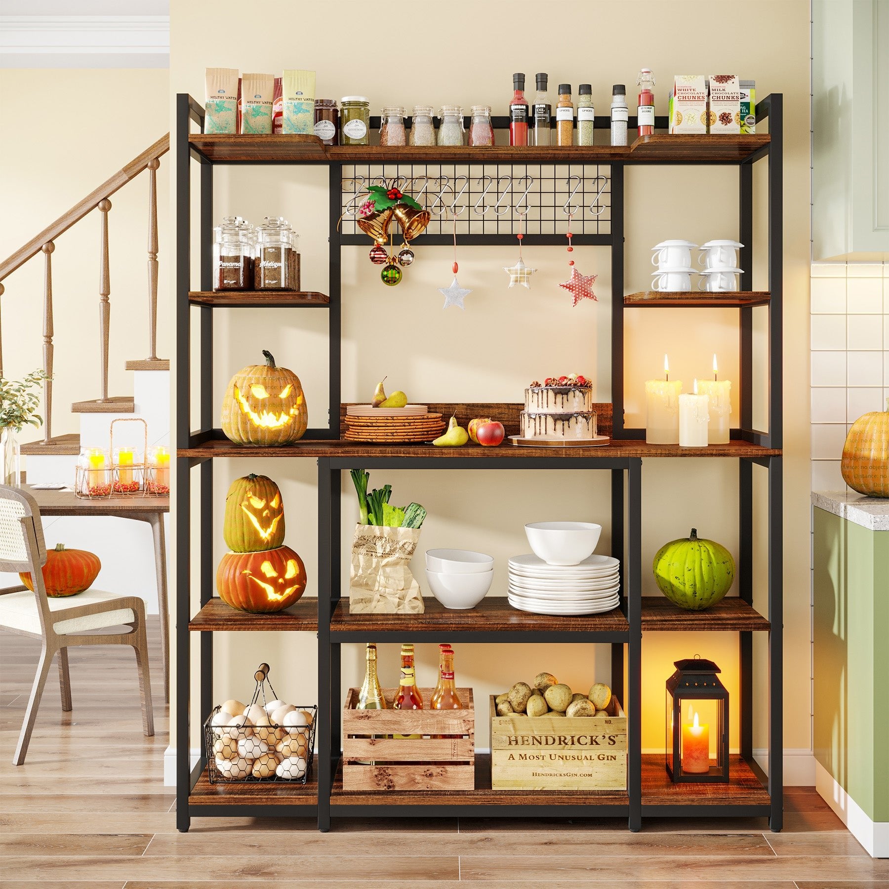 5-Tier Kitchen Baker's Rack with 11 Hooks - 55 Inch Wide Metal Storage Shelf for Spices, Cookware & Baking Supplies - Perfect for Pantry, Garage & Small Space Organization
