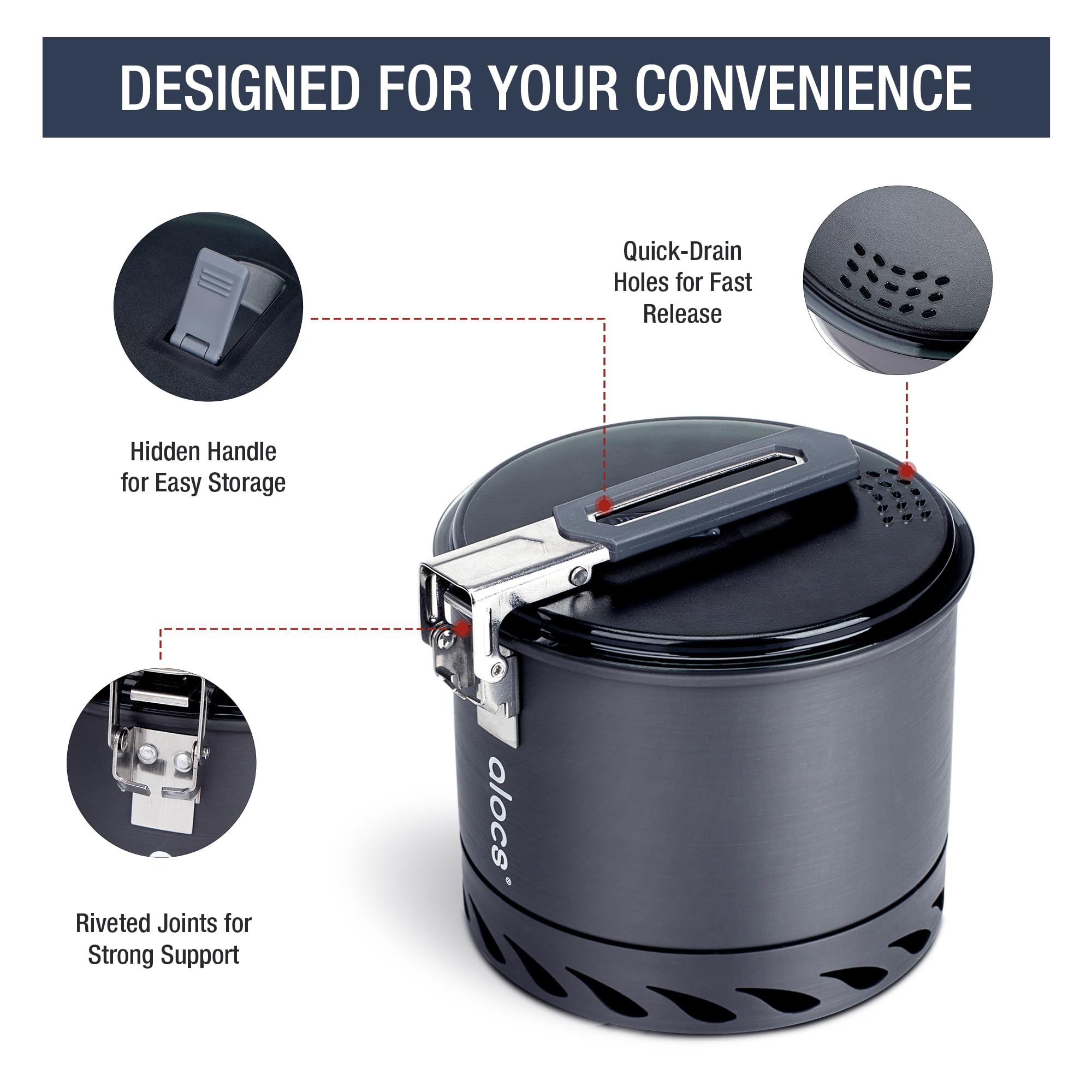 Alocs 1.4L Lightweight Camping Cookware Set with Heat Exchanger - Portable Durable Backpacking Pot for Hiking, Travel & Outdoor Adventures - Perfect for Campfire Cooking, Backpacking Meals and Wilderness Survival