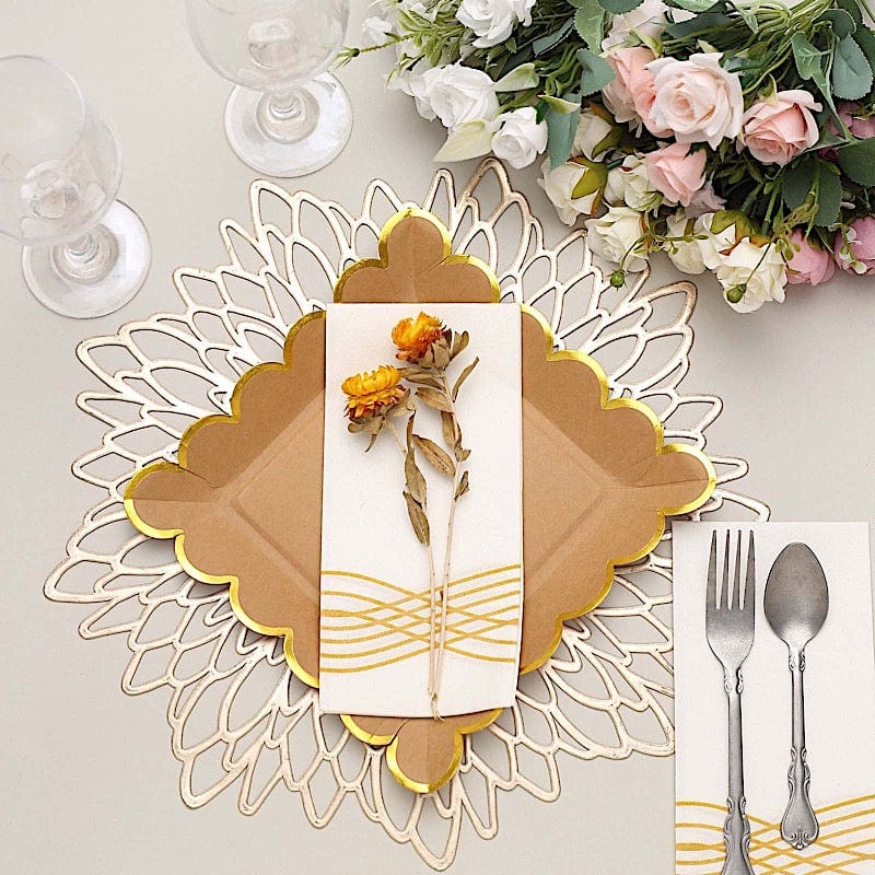 25 Square Natural Paper Salad Dinner Plates with Gold Scalloped Rim - Eco-Friendly Disposable Tableware for Parties, Weddings & Picnics