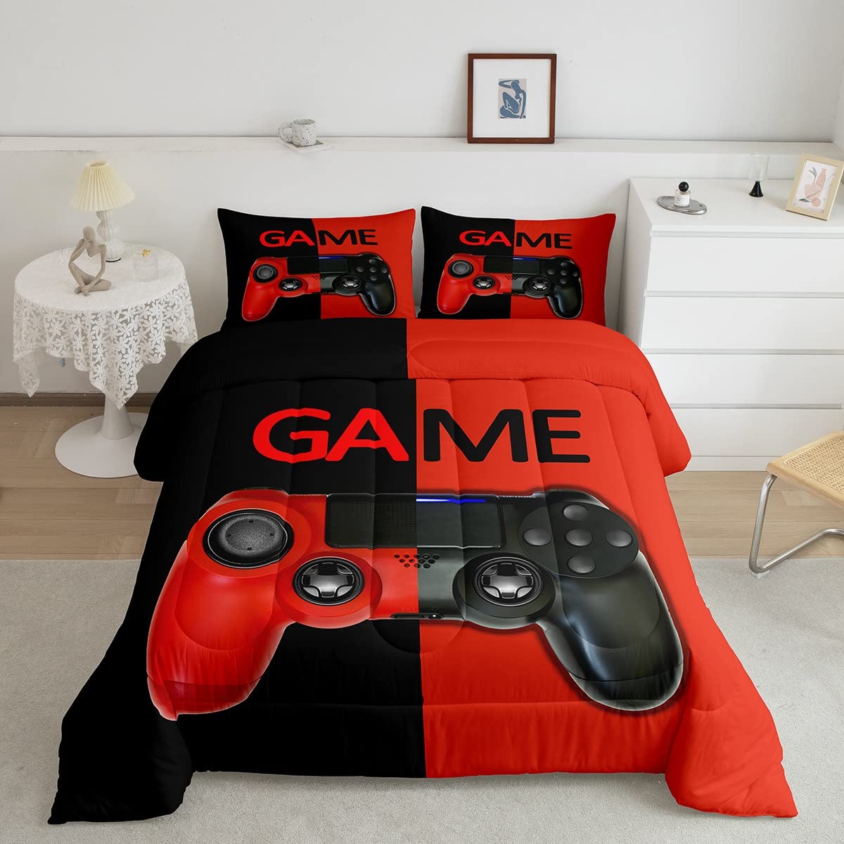 Feelyou Gaming Comforter Set for Boys & Teens - Queen Size 3Pcs Video Game Controller Design, Reversible All-Season Bedding with Modern Gamer Decor - Perfect for Bedroom, Dorm Room & Gaming Themed Spaces
