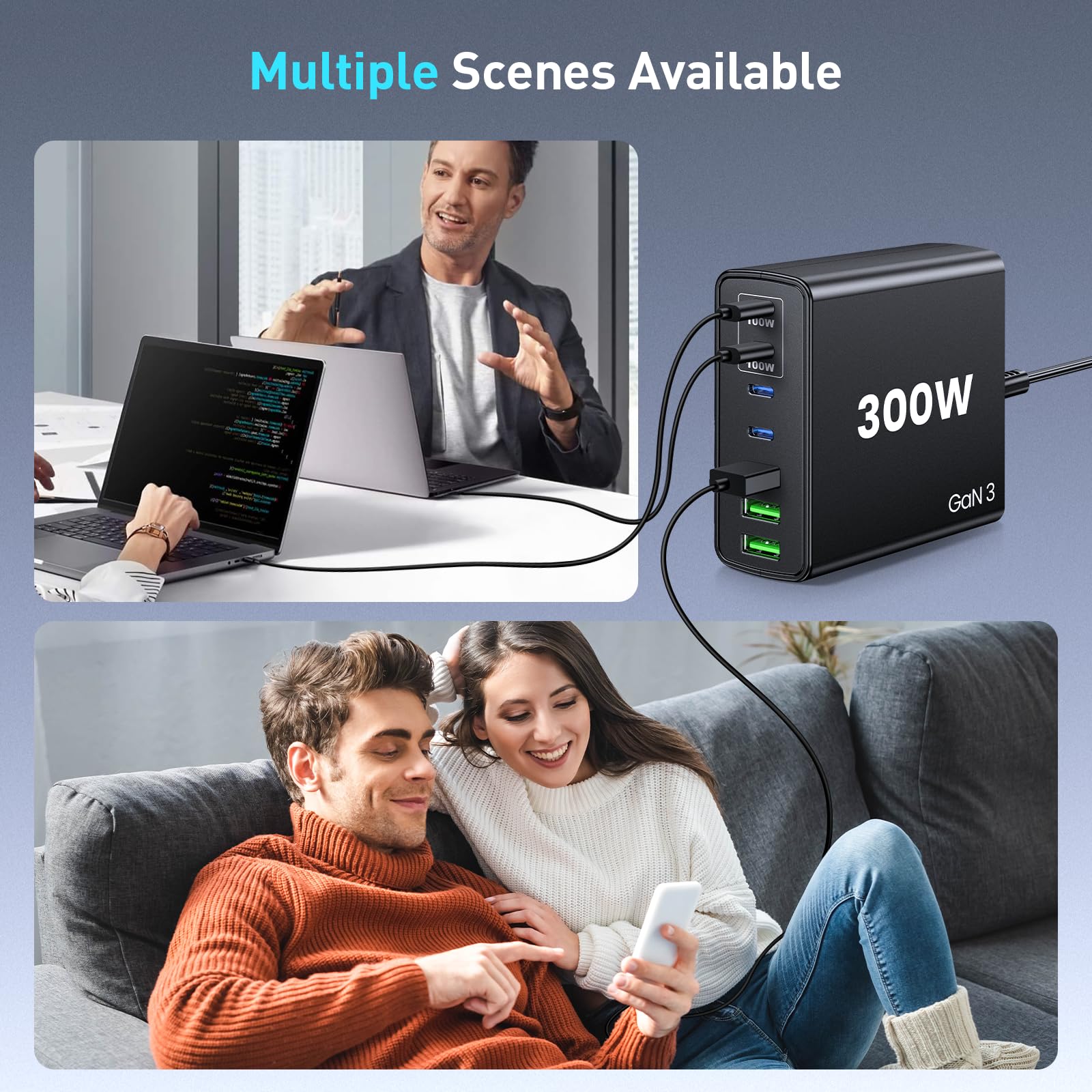300W 7-Port USB C Fast Charging Station - Dual PPS PD 100W Wall Charger for MacBook Pro, Dell, HP, Surface, iPad, iPhone, Samsung Galaxy & Android Devices | Perfect for Home, Office & Travel Charging Multiple Devices Simultaneously