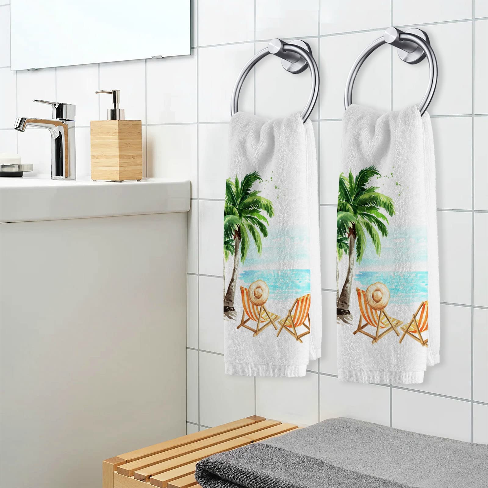 ALAZA Beach Palm Trees Bath Towels Set of 2 - 100% Cotton Soft Absorbent Hand & Face Towels 15.5x29.5 Inch for Bathroom, Kitchen & Spa - Decorative Coastal Themed Towel Set HW126