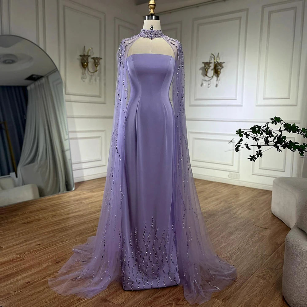 Elegant Lilac Evening Dresses with Luxury Beaded Long Cape Gown for Women - Formal Party, Prom, Wedding Guest Dress - LA72828
