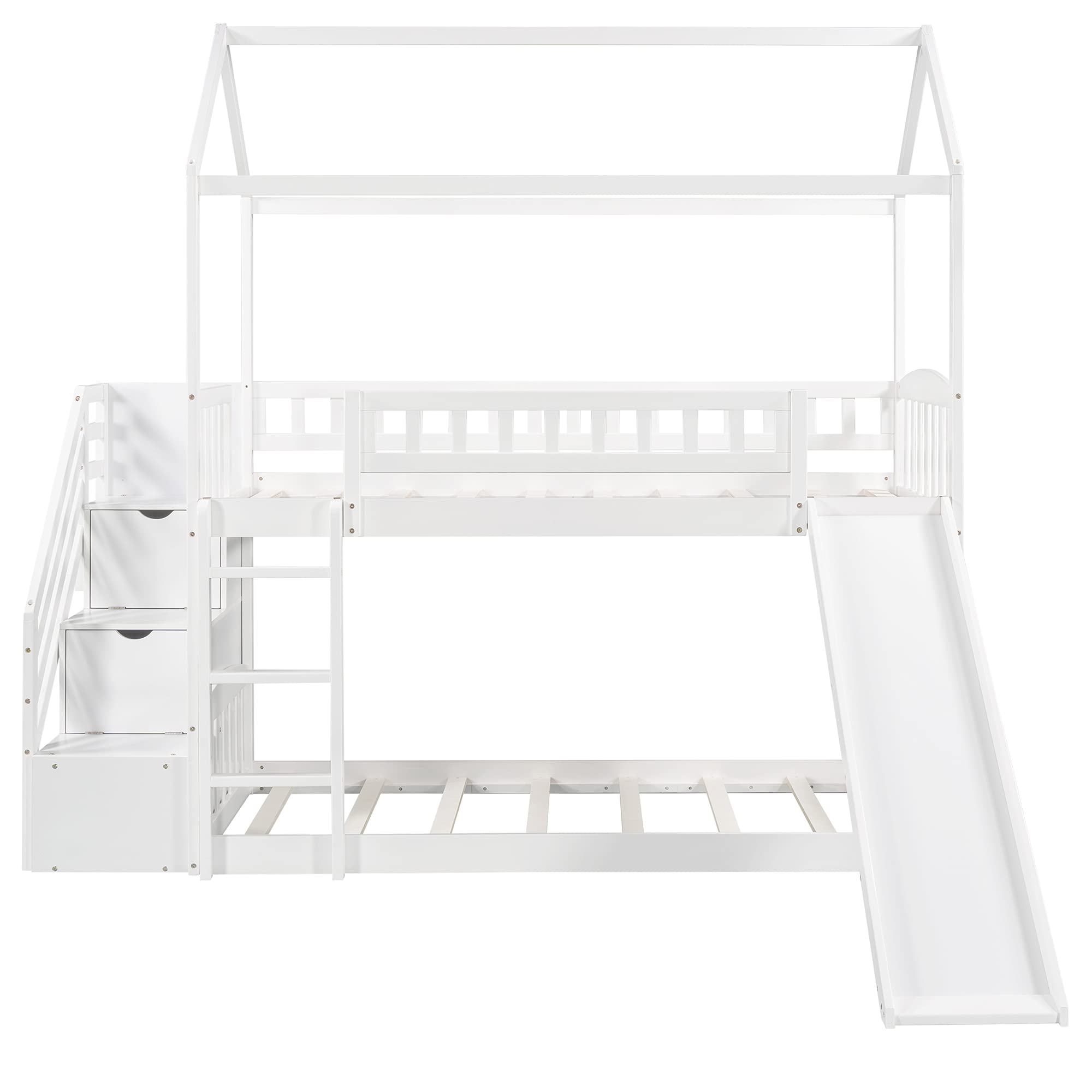 Twin Over Twin Wooden House Bunk Bed with Slide, 2 Drawers, Roof & Guardrails - Kids/Teens House-Shaped Bed, No Box Spring Needed (White) - Perfect for Small Bedrooms, Shared Kids Rooms & Vacation Homes