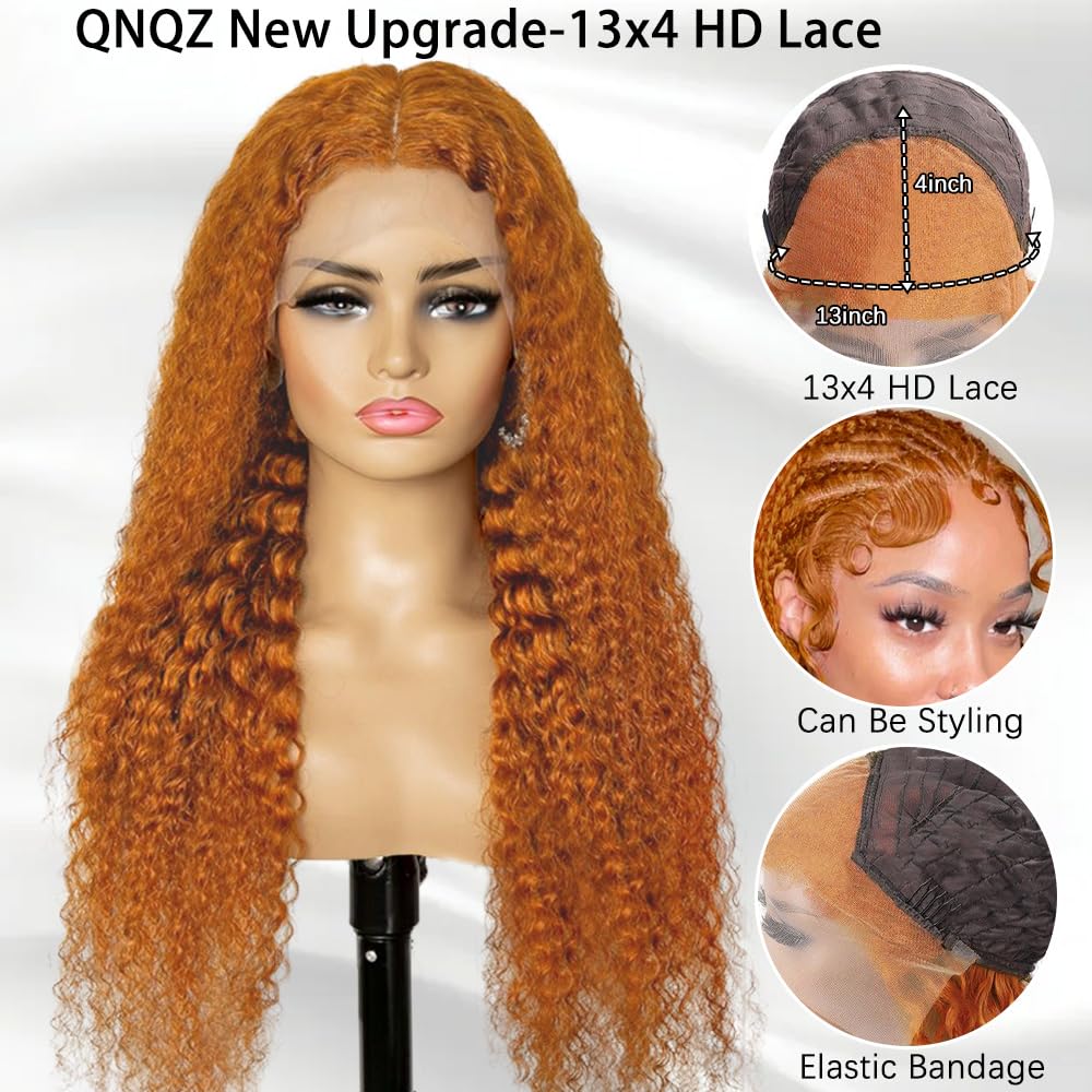 QNQZ 26 Inch Ginger Deep Wave Human Hair Wig with 13x4 HD Lace Frontal - Pre Plucked, Baby Hair, 180% Density - Perfect for Daily Wear, Cosplay & Special Occasions