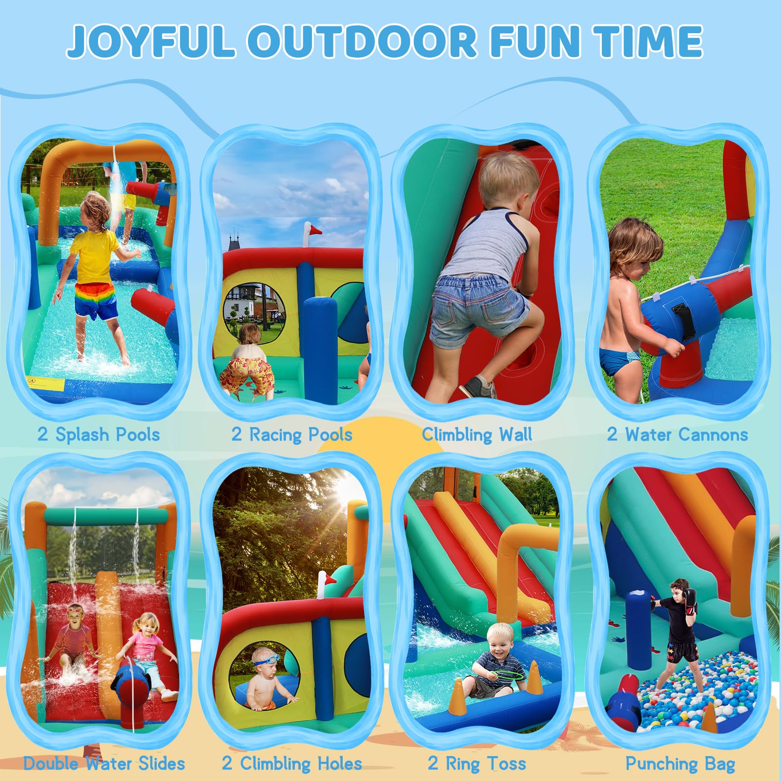 **Double Lane Inflatable Water Slide with 4 Splash Pools, Climbing Wall & Water Cannons - Kids Outdoor Water Park Bounce House with 450W Blower - Perfect for Backyard Parties, Summer Fun & Family Gatherings (Blue)**