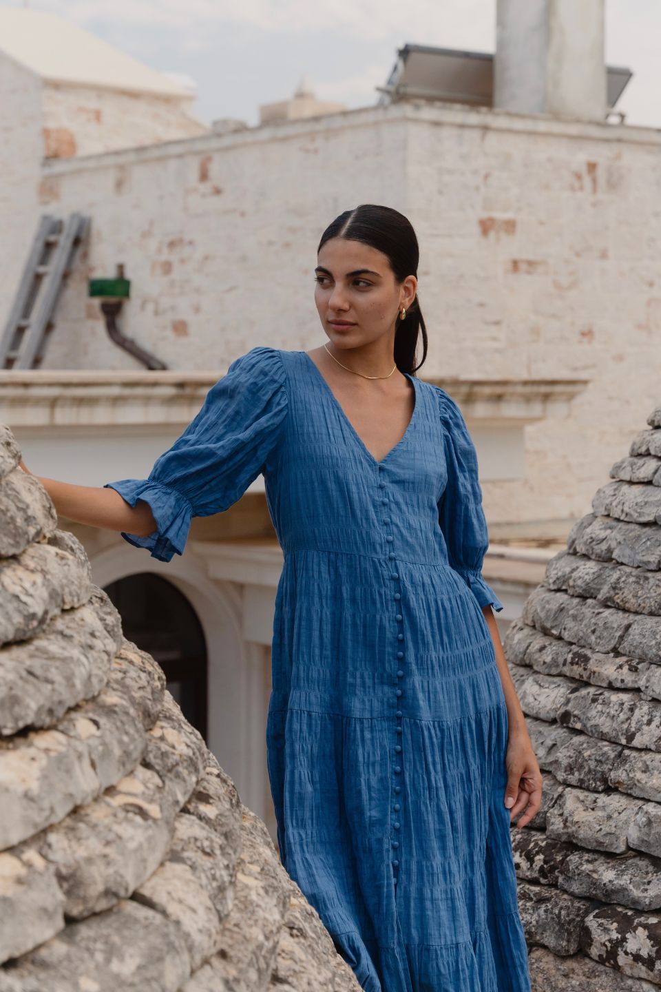 Dreamy Steel Blue Bubble Sleeve Button Front Tiered Maxi Dress for Women - Elegant Boho Summer Beach Dress for Vacations & Outdoor Events
