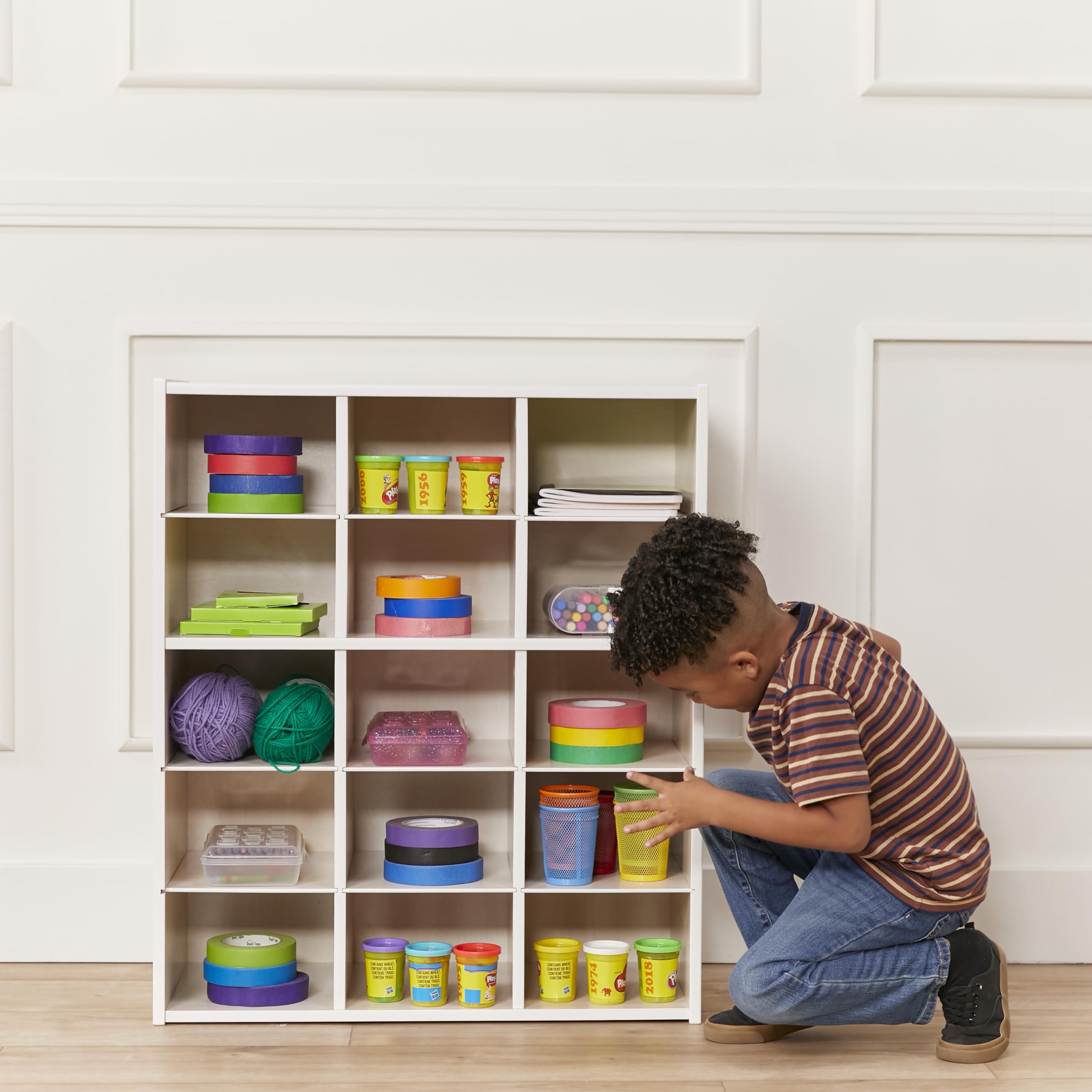 ECR4Kids 15-Cubby Storage Cabinet with Trays, 5x3 Organizer for Classroom & Home, White Wash - Perfect for School Supplies, Toys & Kids' Room Organization
