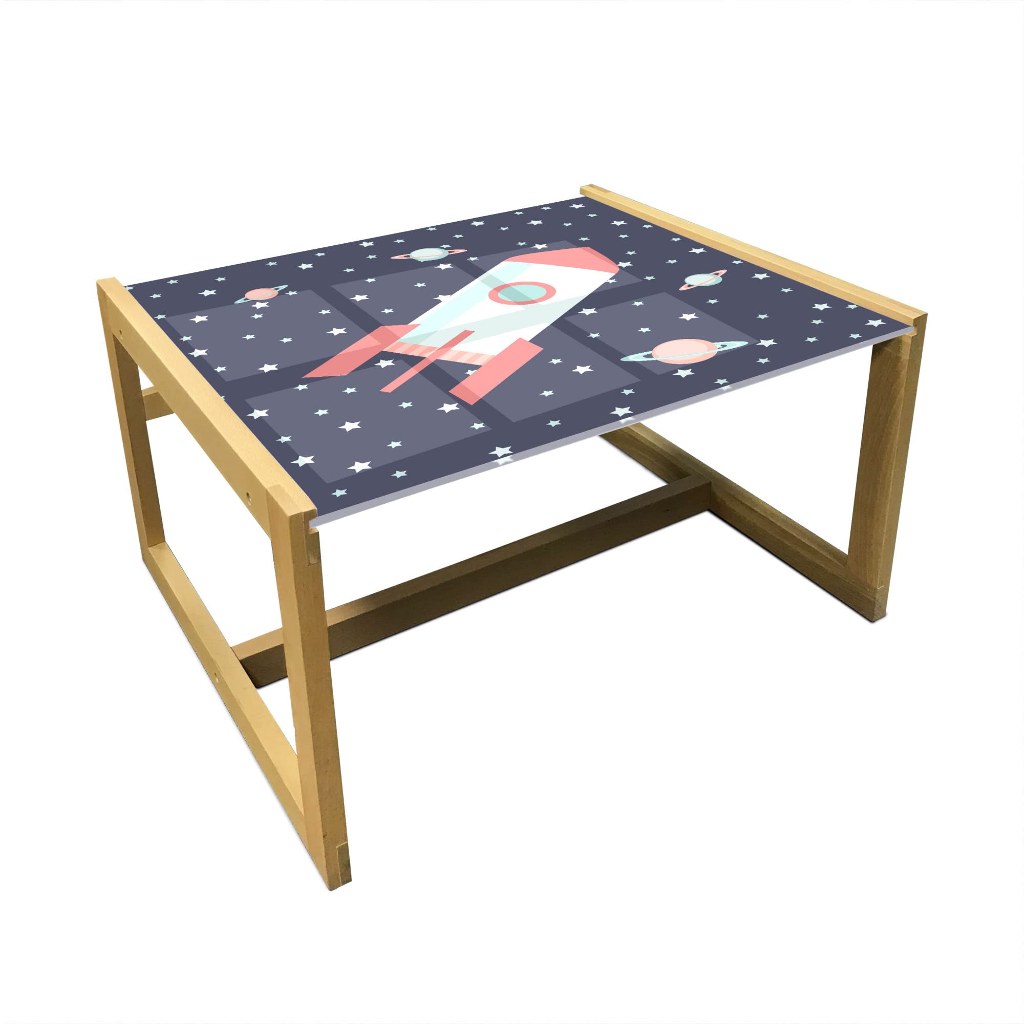 Ambesonne Outer Space Coffee Table - Galaxy Themed Cartoon Design with Rocket, Stars & Planets - Acrylic Glass Top with Wooden Frame - Perfect for Offices, Dorms & Living Rooms - Medium Size in Coral Dark Indigo - Ideal for Sci-Fi Decor & Space-Themed Interiors