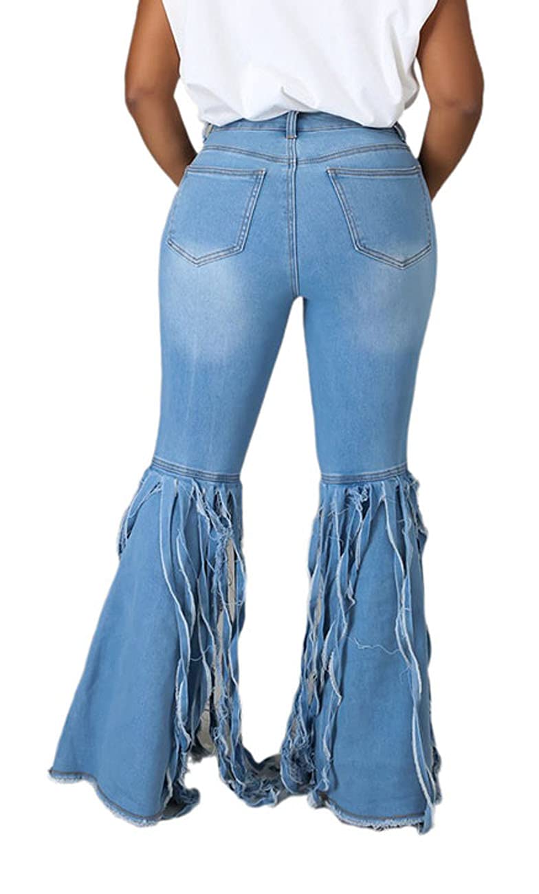 Women's Ripped Bell Bottom Jeans - Elastic Waist Raw Hem for Casual Outfits