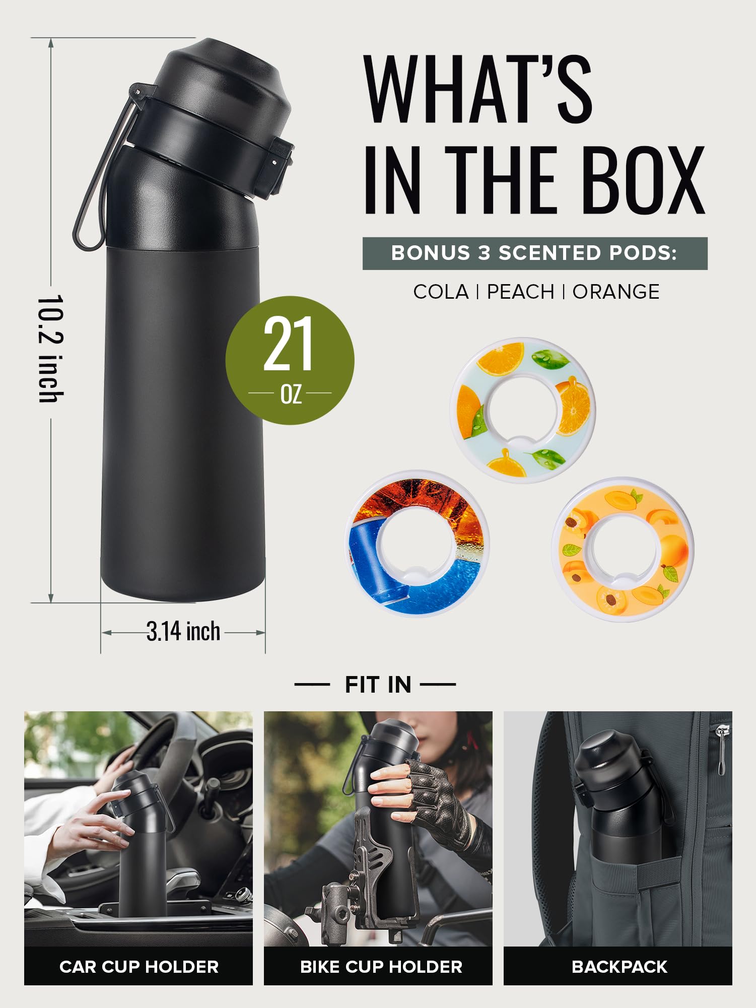 Stainless Steel Air Water Bottle 21oz - Leak Proof Sports Water Cup with Straw & Flavor Pods - Fruit Infuser Bottle for Gym, Hiking, Running, Cycling (Black + 3 Pods)