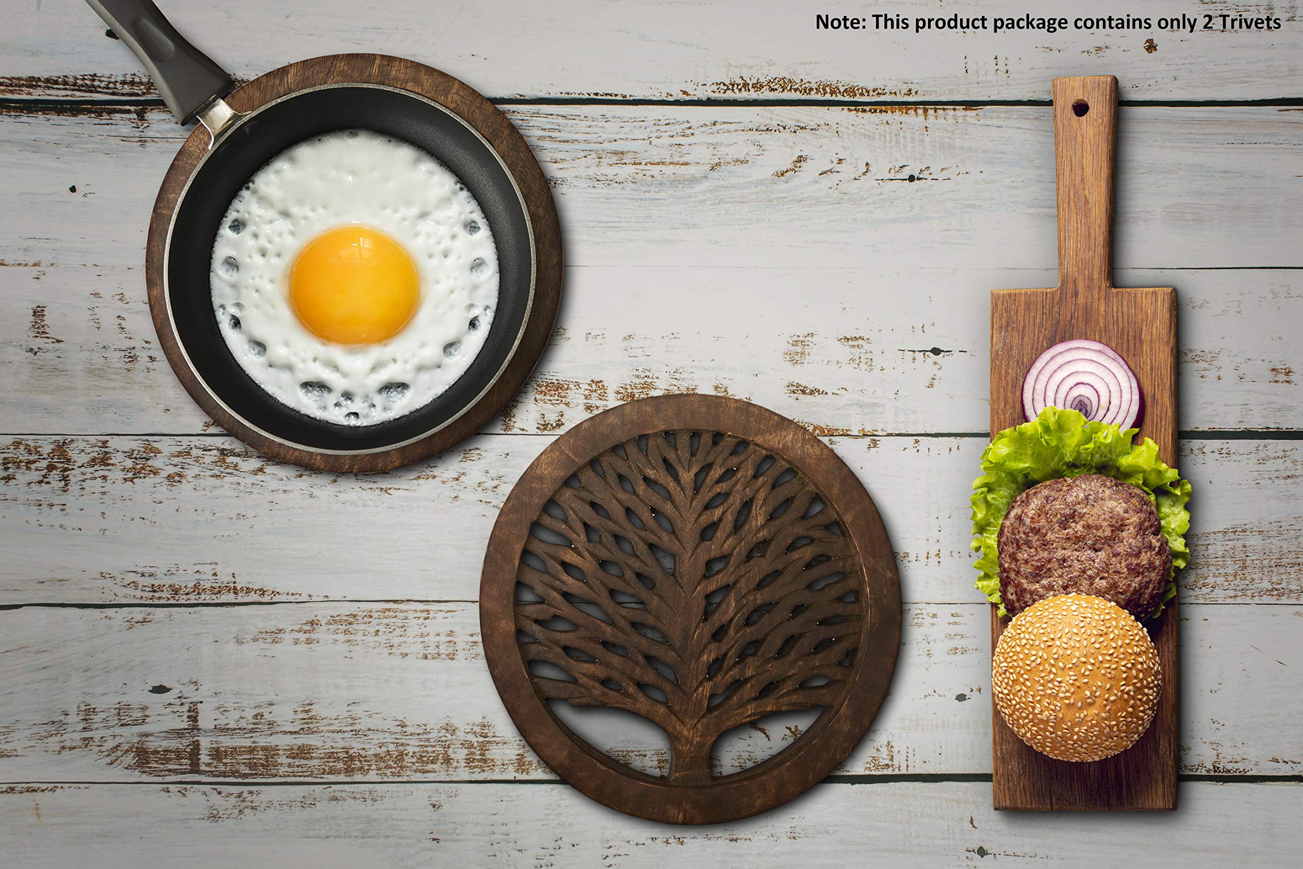2 Pack Wooden Trivets for Hot Pots and Pans - 8 Inch Heat Resistant Non-Slip Kitchen Countertop Protectors with Tree of Life Design - Perfect for Dining Tables, Coffee Mugs, and Serving Dishes