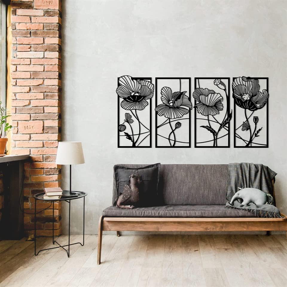 4 Piece Flower Metal Wall Art Set - Boho Modern Floral Decor for Living Room & Kitchen - 70.9