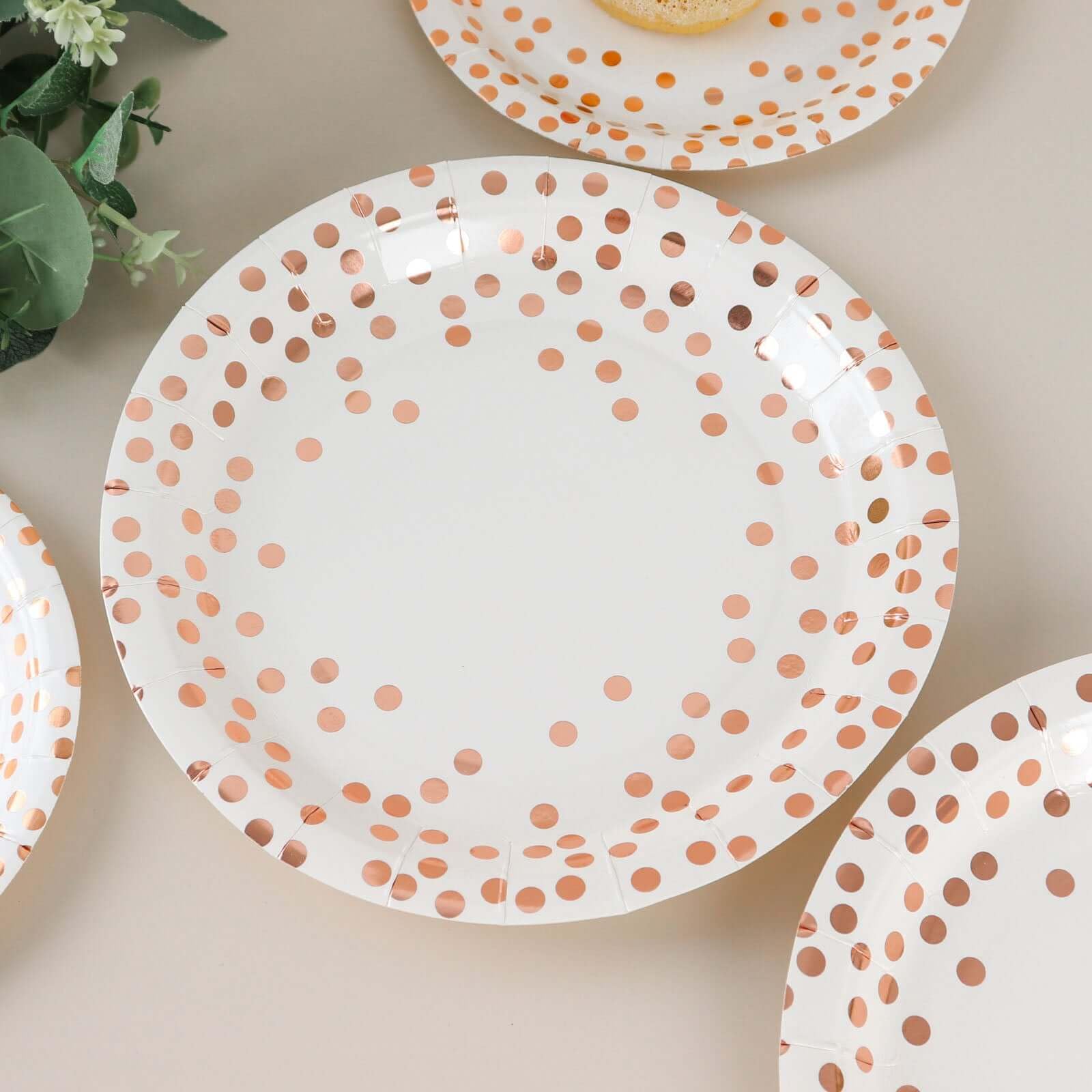 Efavormart 25 Pack 9 Inch White Metallic Rose Gold Polka Dot Disposable Dinner Plates - 300 GSM Heavy Duty Paper Plates for Wedding, Birthday Party & Holiday Celebrations