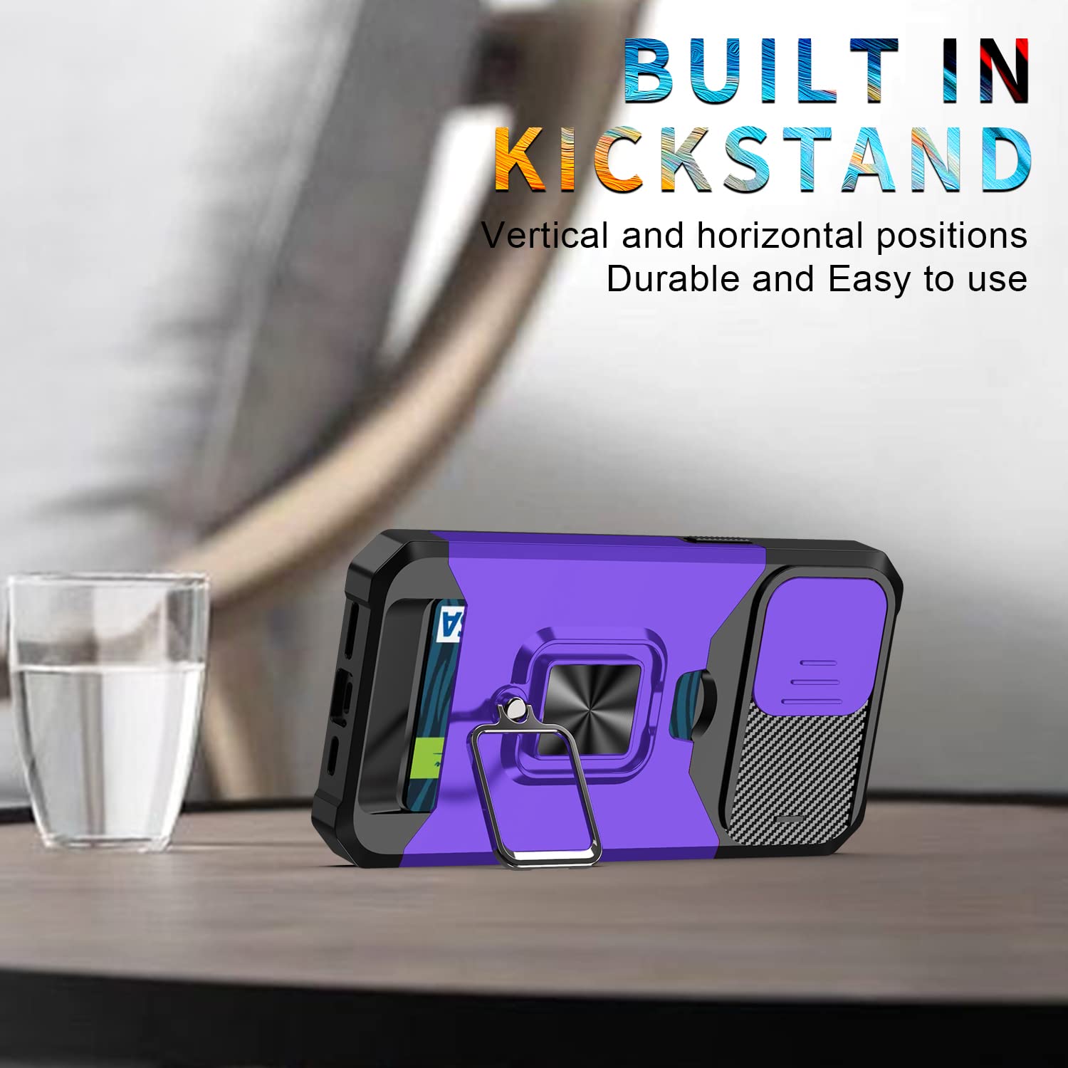 Military Shockproof iPhone 14 Pro Case with HD Screen Protector, Sliding Camera Cover & Card Holder - Purple Full Body Protective Phone Cover with Ring Kickstand | Perfect for Outdoor Activities, Travel & Daily Use