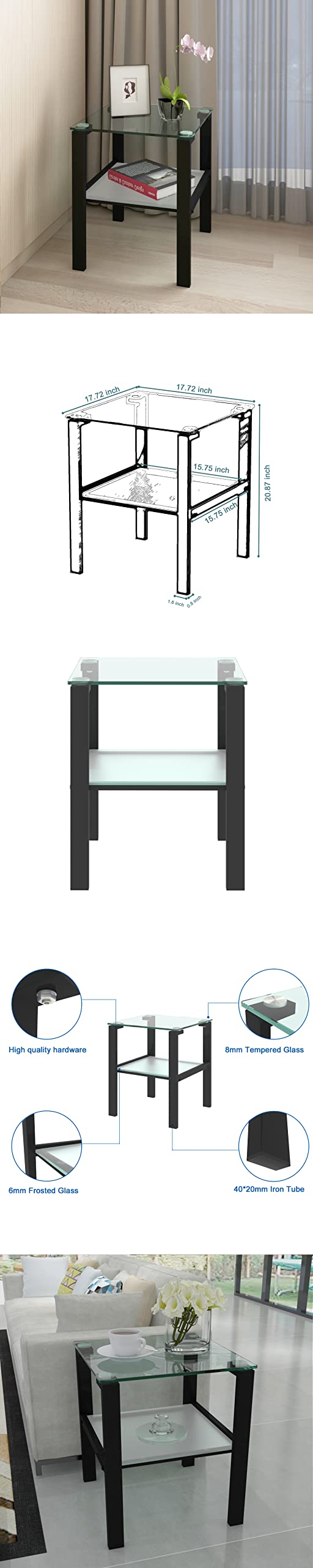 2-Tier Glass Coffee Table - Small Round Side Table for Living Room, Bedroom & Corner Spaces - Modern Black End Table for Tea, Books & Decor