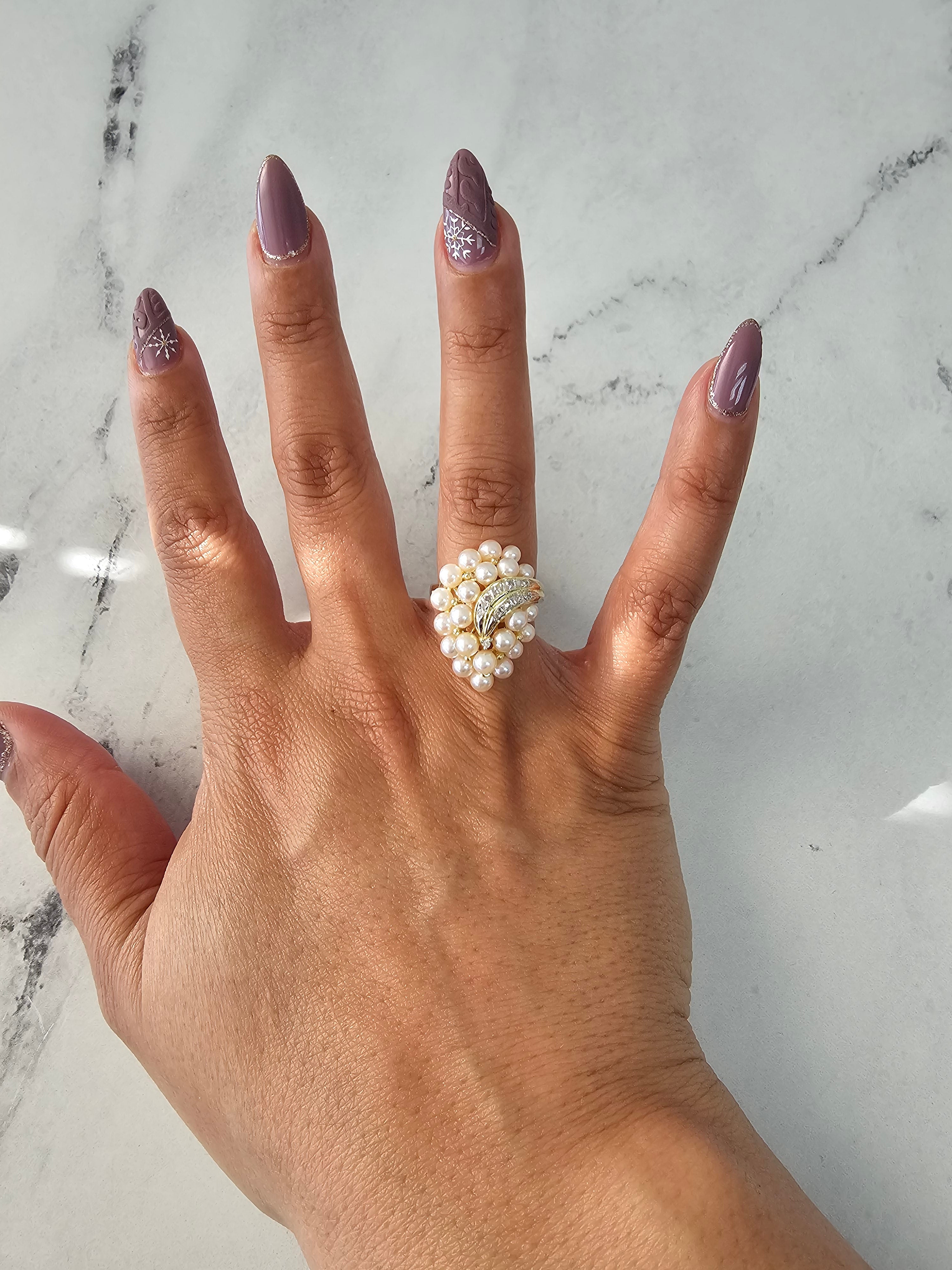 14K Yellow Gold Large Pearl Cluster Ring with Diamond Accents - Elegant Bridal Jewelry & Special Occasion Gift for Women