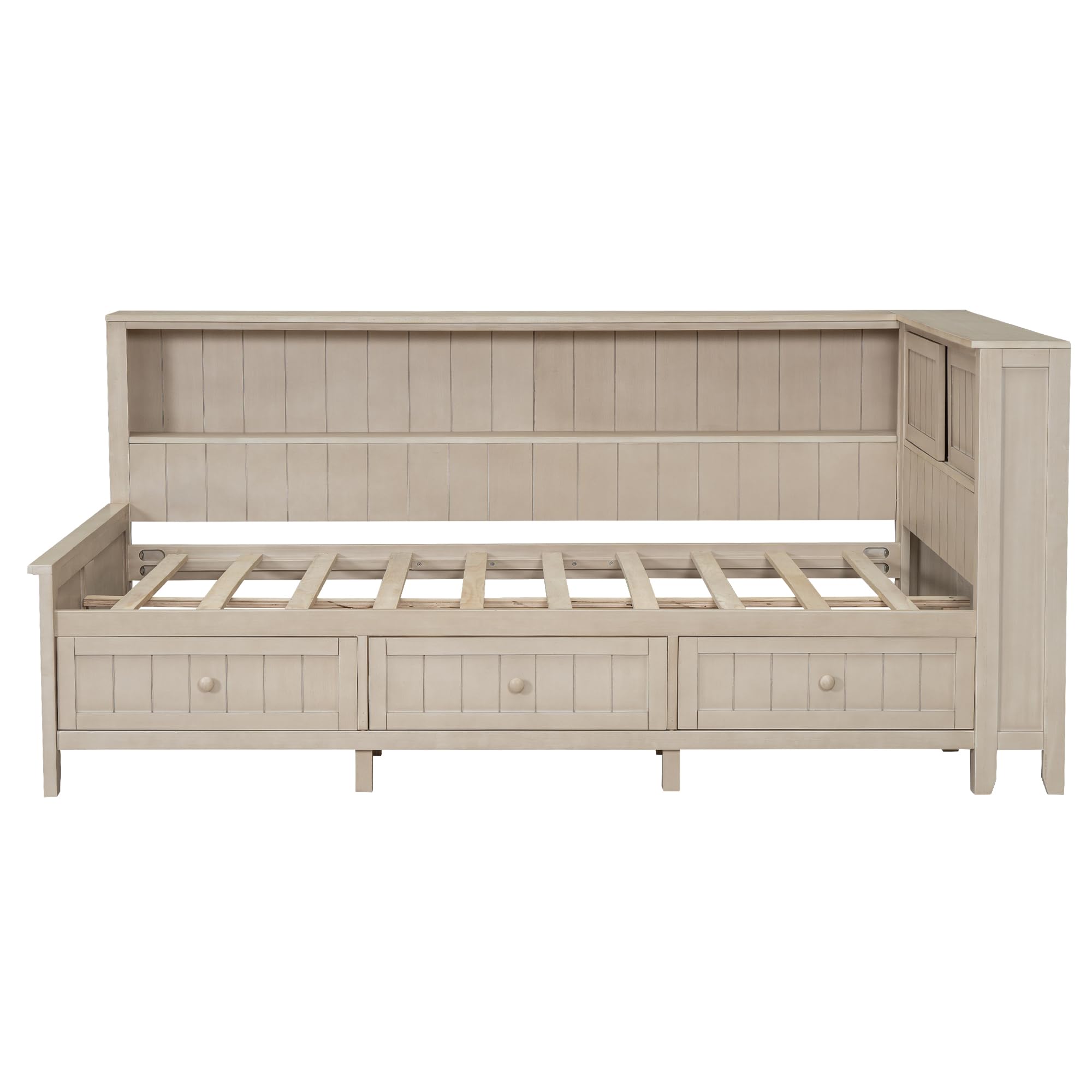 HABITRIO Twin Size Daybed Frame with Storage Shelves & 3 Drawers - Solid Wood Platform Bed with Antique White Finish - Perfect for Guest Rooms, Kids' Bedrooms & Small Spaces