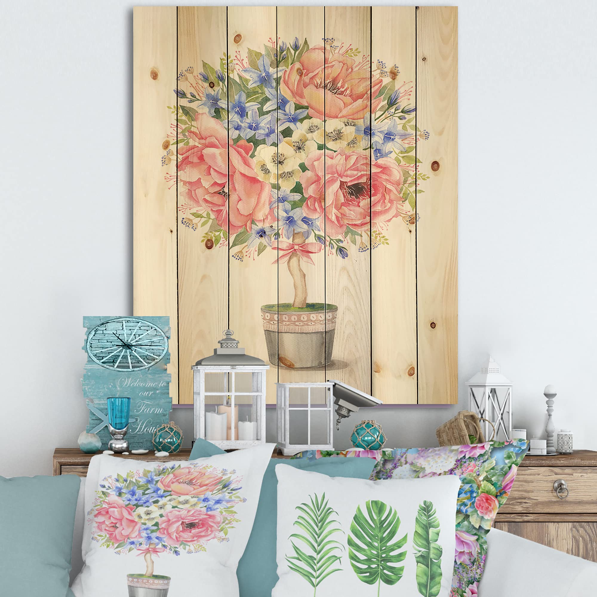 Farmhouse Floral Wood Wall Decor - Pink Flower Tree in Pot with Bow, Large Pine Wood Wall Art Panel for Living Room, Bedroom, Kitchen, and Home Decor