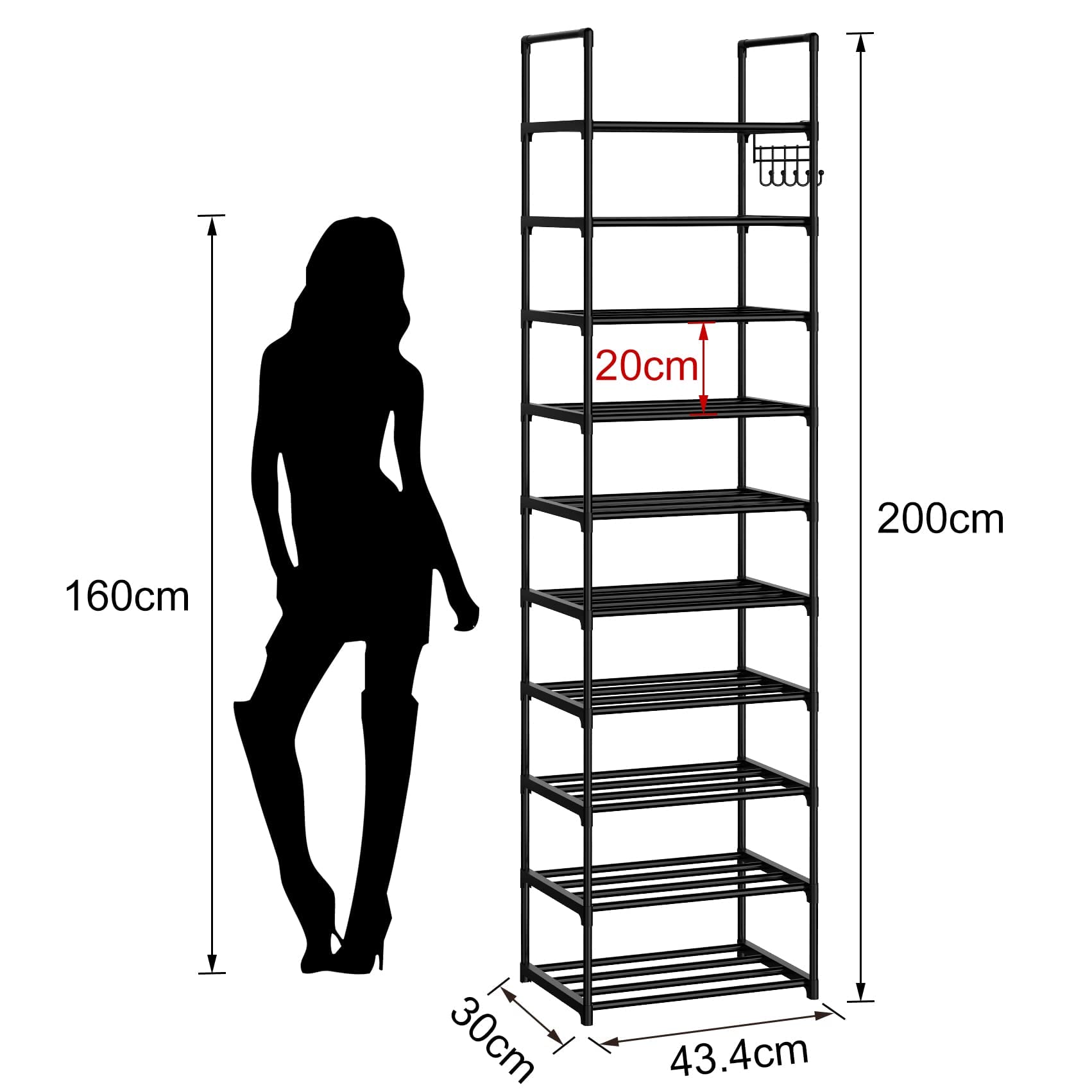 VTRIN 10-Tier Narrow Shoe Rack - Holds 20-25 Pairs of Shoes & Boots | Space-Saving Shoe Organizer for Entryway, Closet & Hallway | Sturdy Black Shoe Shelf with 5 Hooks for Sneakers, Heels & Boots | Perfect for Small Spaces & Apartment Living
