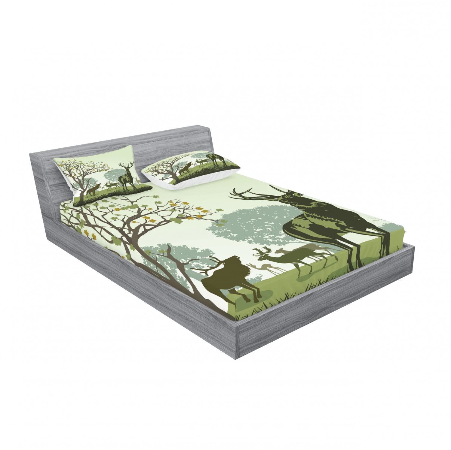 Ambesonne 2-Pack Queen Size Fitted Sheet Set with 4 Pillow Shams - Deer & Nature Park Design Green Bedding Collection | Soft Microfiber Sheets for Guest Room, Vacation Home or Cabin Decor