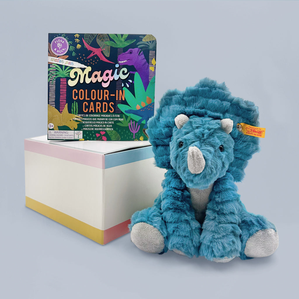Steiff Dixi Triceratops Dinosaur Plush Toy with Floss & Rock Magic Color-In Cards - Perfect for Kids' Playtime, Gifts, and Dinosaur-Themed Parties