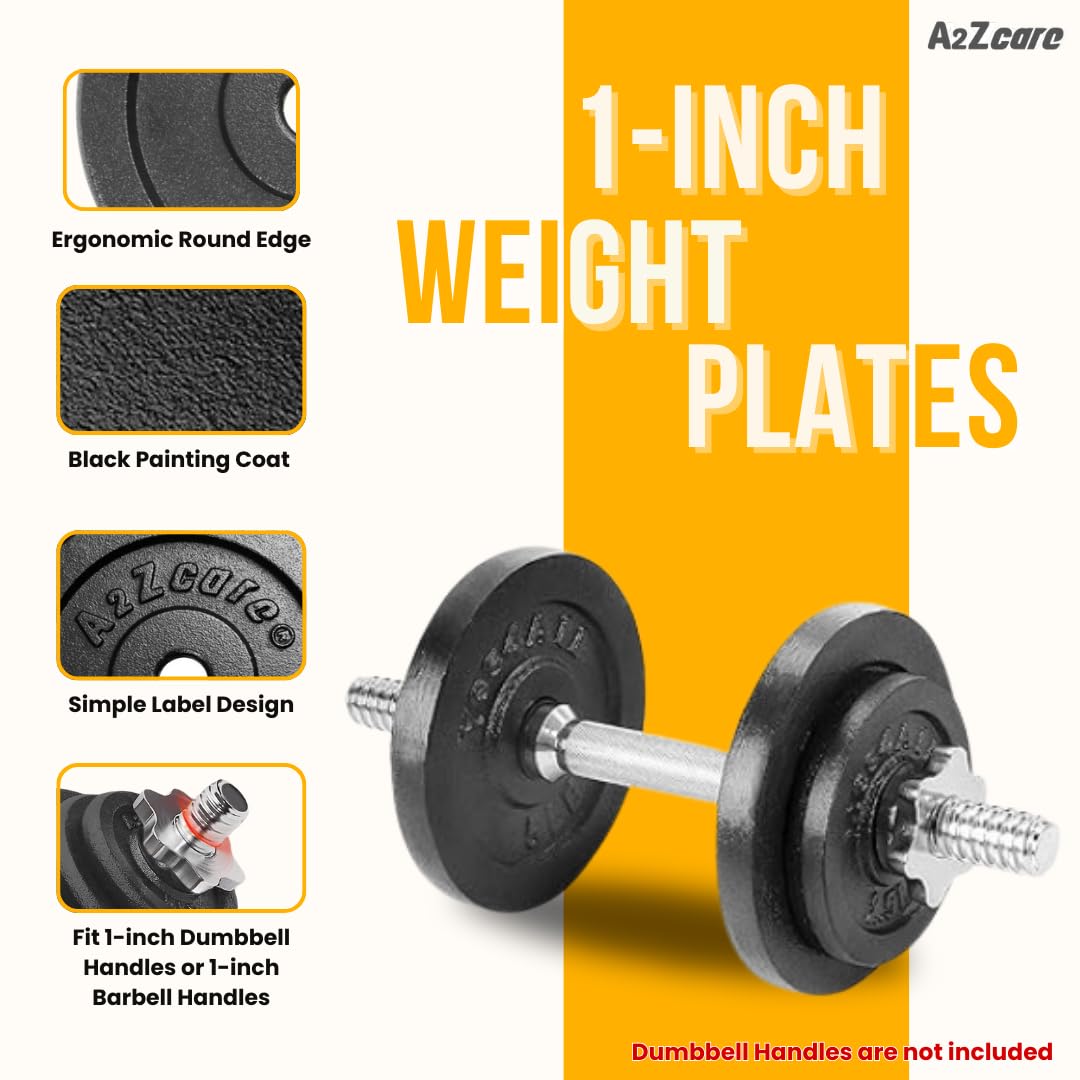 A2ZCARE 1 Inch Standard Weight Plates Set (1.25-15 lbs) - Cast Iron Dumbbell & Barbell Plates for Home Gym, Strength Training, and Fitness Workouts
