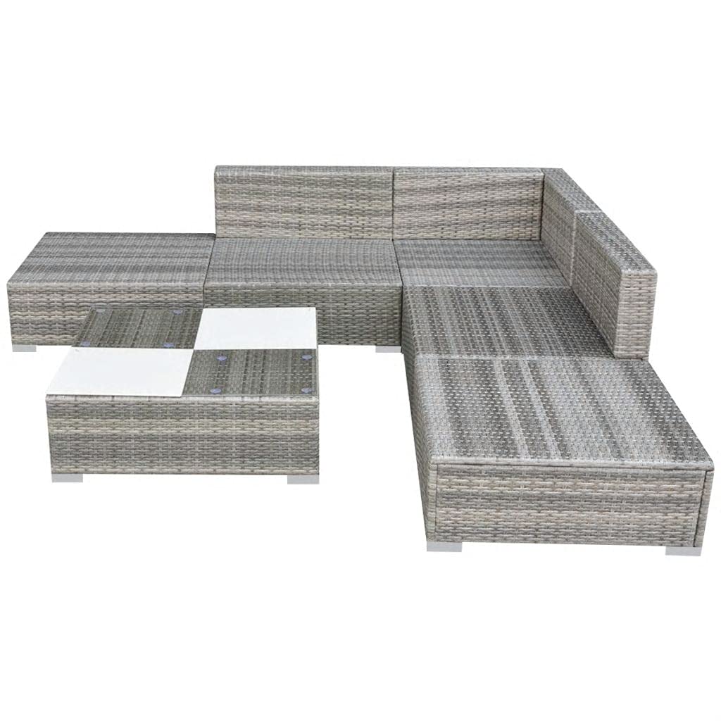 **6-Piece Gray PE Rattan Patio Furniture Sectional Set with Cushions - Outdoor Wicker Sofa & Conversation Set for Garden, Lawn, or Backyard Relaxation**