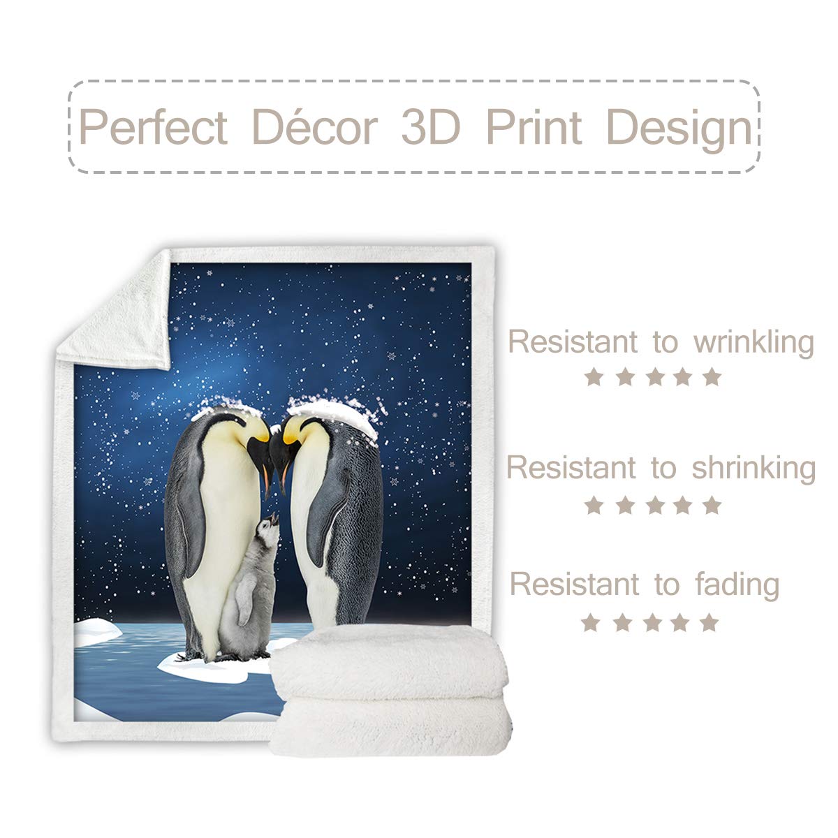 Sleepwish Super Soft Cute Penguin Print Sherpa Fleece Blanket - Winter Snowflakes & Blue Sky Pattern Cozy Throw for Bed, Couch, Sofa (50