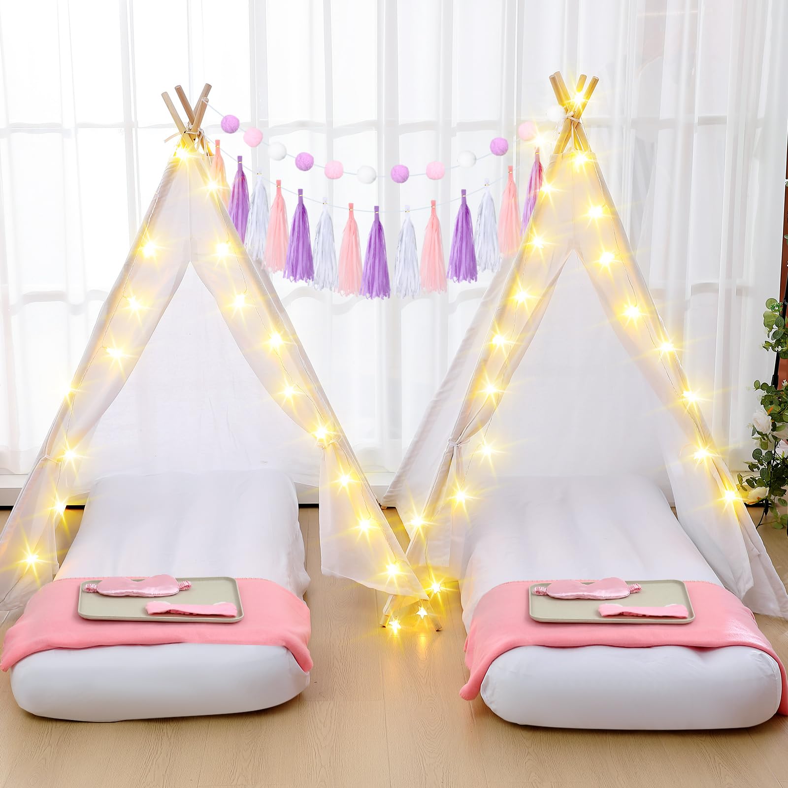 Windyun 4 Pack Kids Teepee Tent Kit with LED Lights, Inflatable Airbed & Fitted Sheet - Washable Play Tent for Boys & Girls, Indoor Outdoor Birthday Gift for Toddlers - Perfect for Slumber Parties, Camping Adventures & Playroom Decor