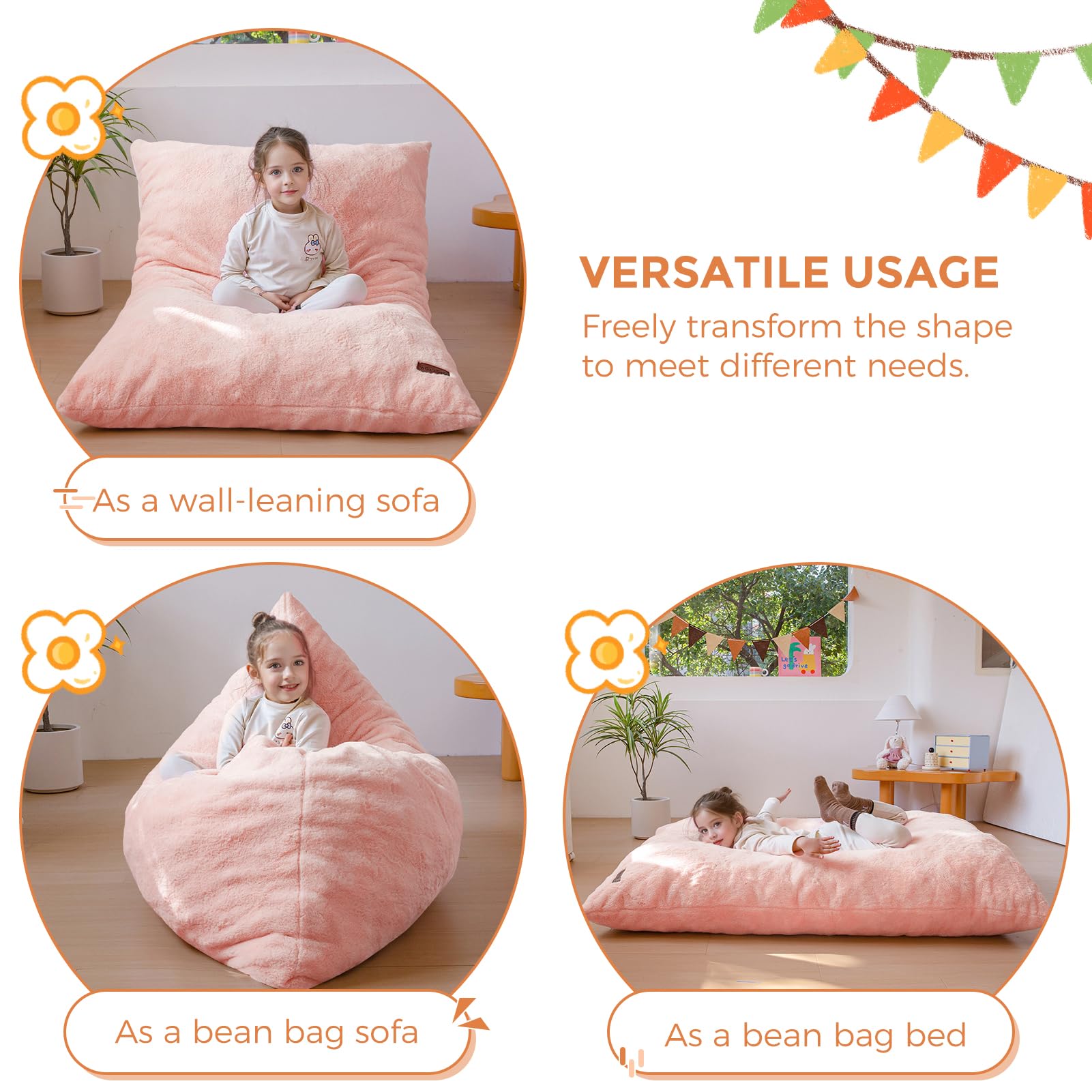 MAXYOYO 3-in-1 Kids Bean Bag Chair Bed - Convertible Faux Fur Floor Sofa for Children, Gaming & Reading (Pink) | Perfect for Bedroom, Playroom & Dorm Room Comfort