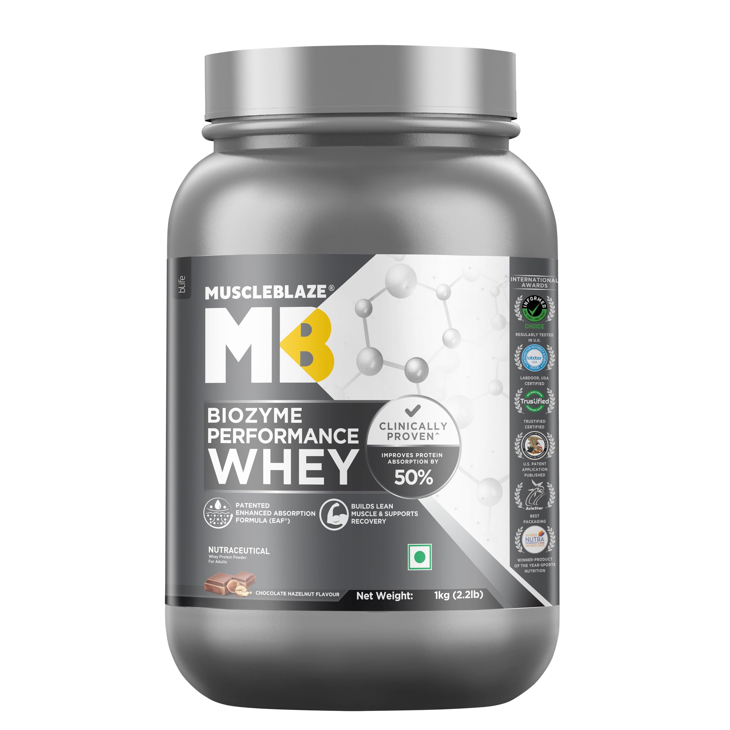 MuscleBlaze Biozyme Performance Whey Protein Powder - Chocolate Hazelnut Flavor, 1kg (2.2lbs) | Fast Absorption, Clinically Proven 50% Higher Protein Uptake | Ideal for Post-Workout Recovery & Muscle Growth