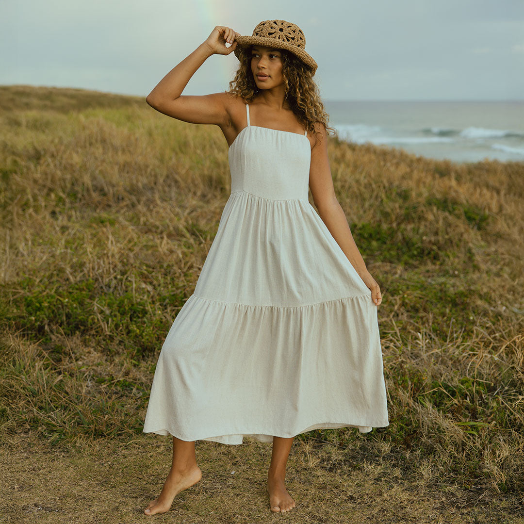 Elegant Cabo Midi Dress in Sand Color - Perfect for Beach Vacations, Summer Parties & Casual Outings