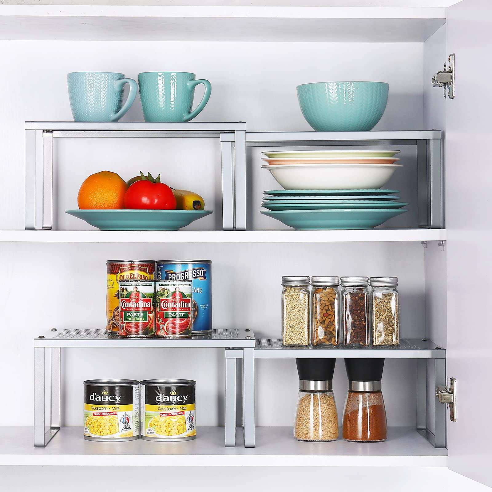 MOOACE Stackable Expandable Kitchen Cabinet Organizer Set of 4 - Silver Spice Rack Shelf for Pantry, Countertop & Cabinet Storage | Perfect for Organizing Spices, Cans & Kitchen Supplies