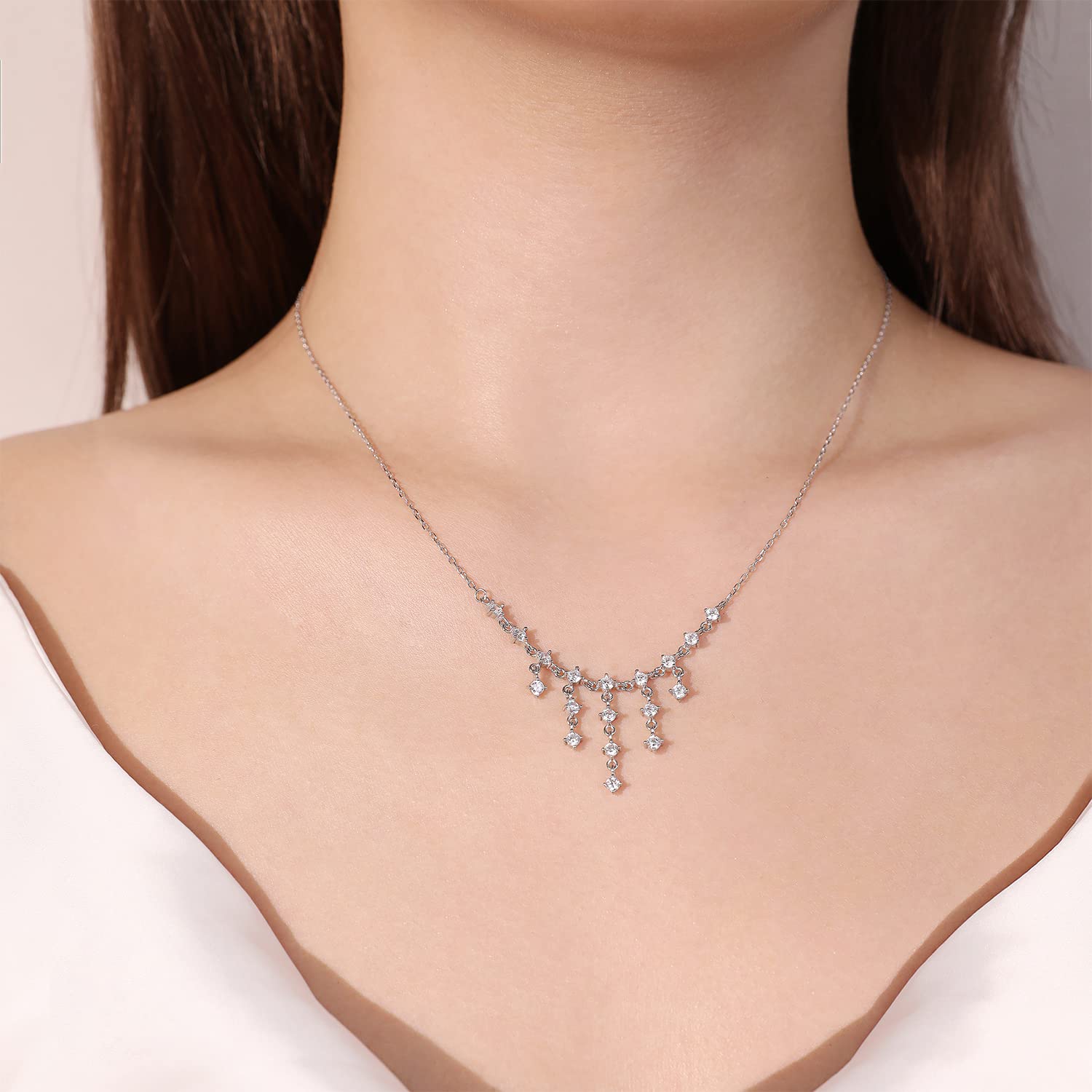 Meissa Sterling Silver Dainty Diamond Necklace for Women - Elegant Wedding, Bridal & Bridesmaid Jewelry - Handmade Crystal Choker Necklace - Perfect for Weddings, Anniversaries & Special Occasions (Silver)