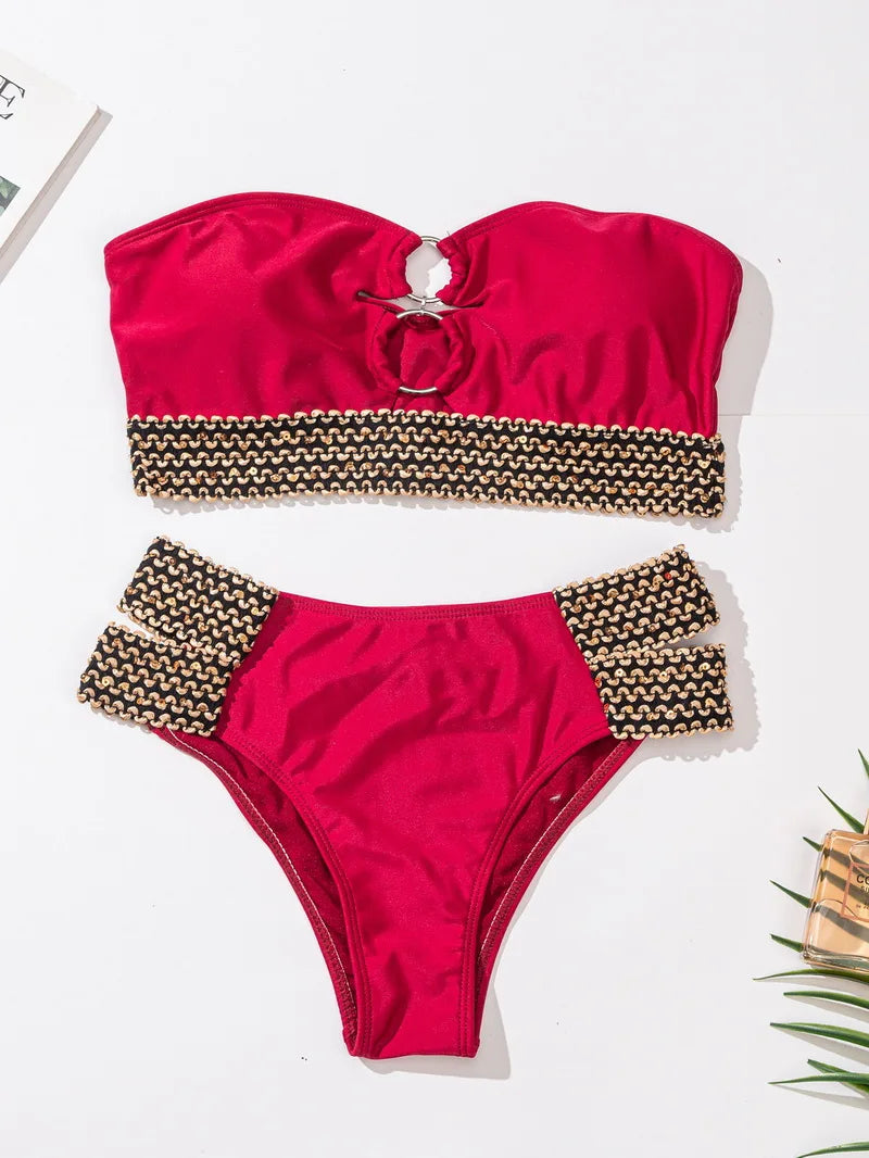 2024 Women's Strapless Bandeau Bikini Set - Brazilian Thong Swimwear with Sequin Braiding | Beach Vacation, Pool Party, Summer Fashion