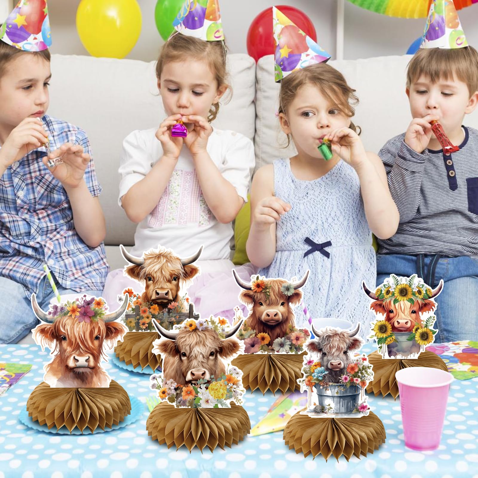 Highland Cow Party Decorations Set - Chic Brown Farm Animal Birthday & Baby Shower Table Centerpiece with Honeycomb Flowers | Perfect for Farm-Themed Parties, Rustic Weddings, and Nursery Decor