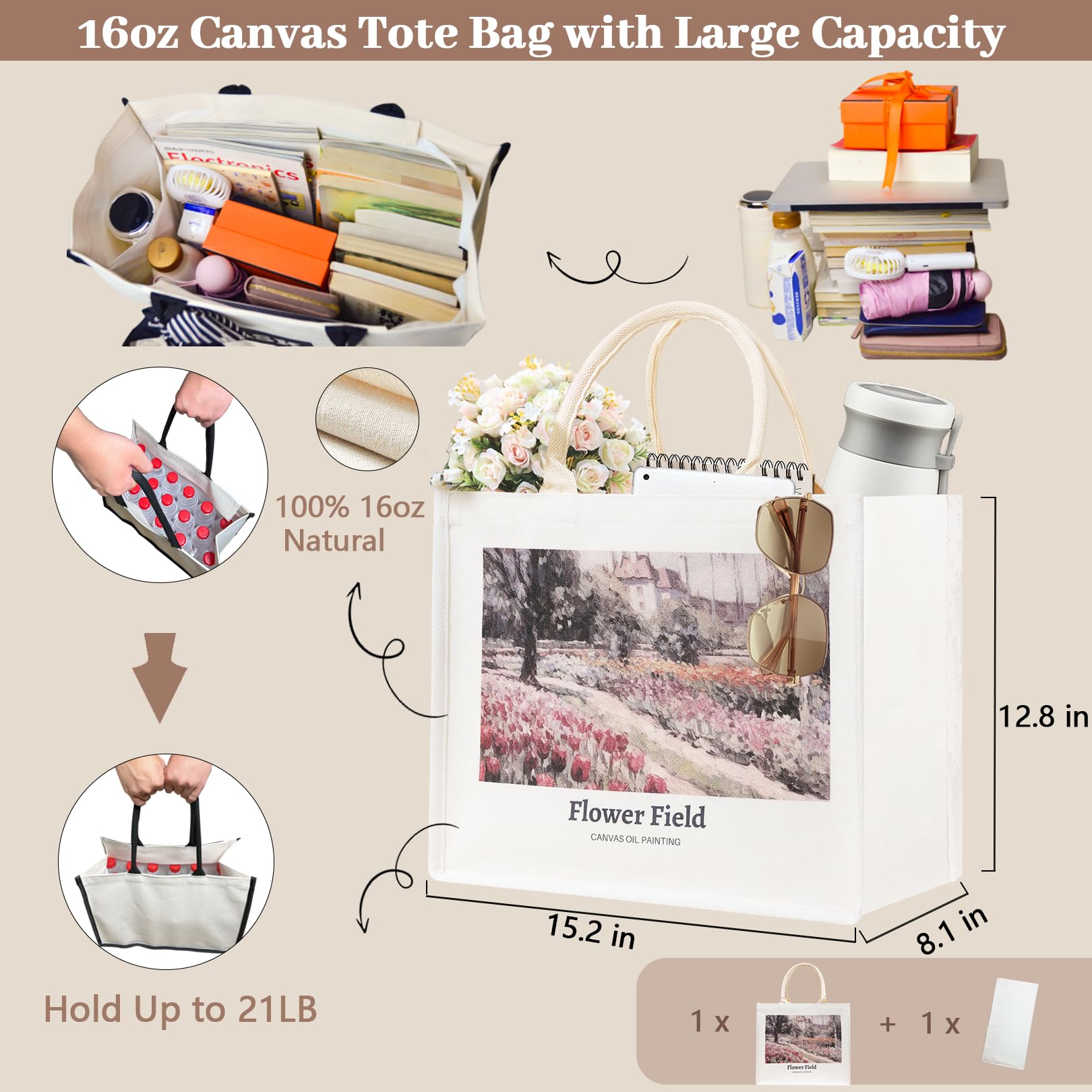 Stylish 16Oz Large Canvas Tote Bag for Women - 3 Pockets with Zipper & Anti-Scratch Lining - Cute Cat Print Design - Perfect for Shopping, Beach, Work & Daily Use