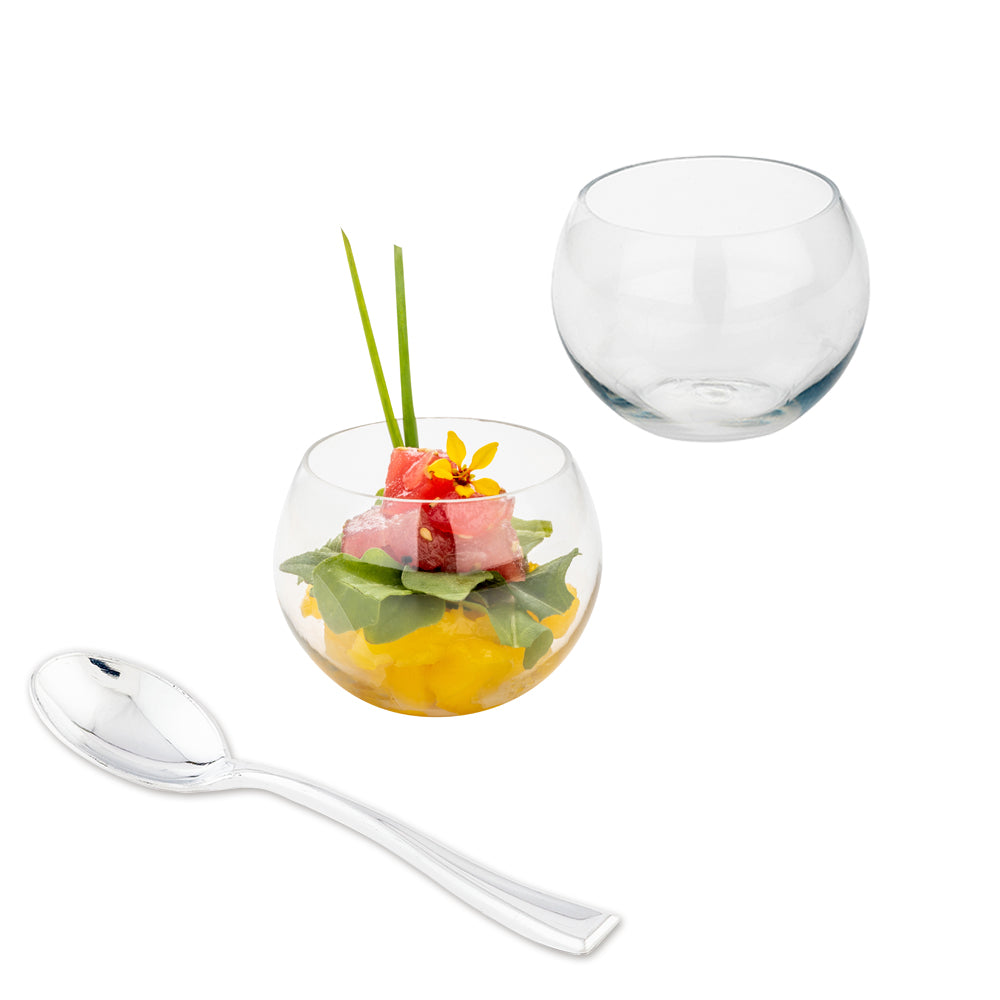 100 Pack 4 oz Clear Plastic Sphere Cups & 100 Silver Mini Plastic Spoons - Perfect for Party Favors, Wedding Receptions, Baby Showers, and Beverage Serving