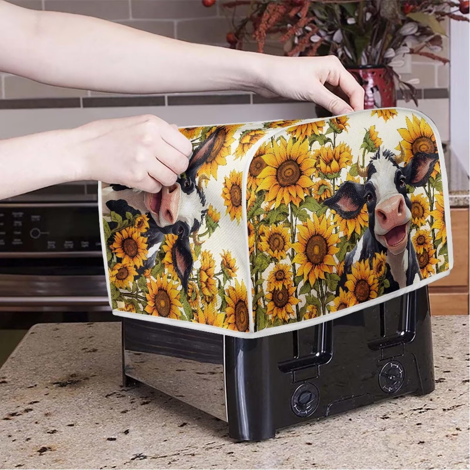 Sunflower Cow Print 4-Slice Toaster Cover - Anti-Fingerprint Oven Dust Protector for Small Kitchen Appliances | Perfect for Toasters, Bread Makers & Countertop Protection