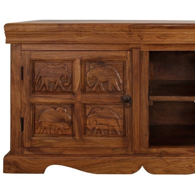 Elephant Design Solid Wood TV Stand - Handcrafted Indian Teakwood Entertainment Center for Living Room, Bedroom & Home Theater