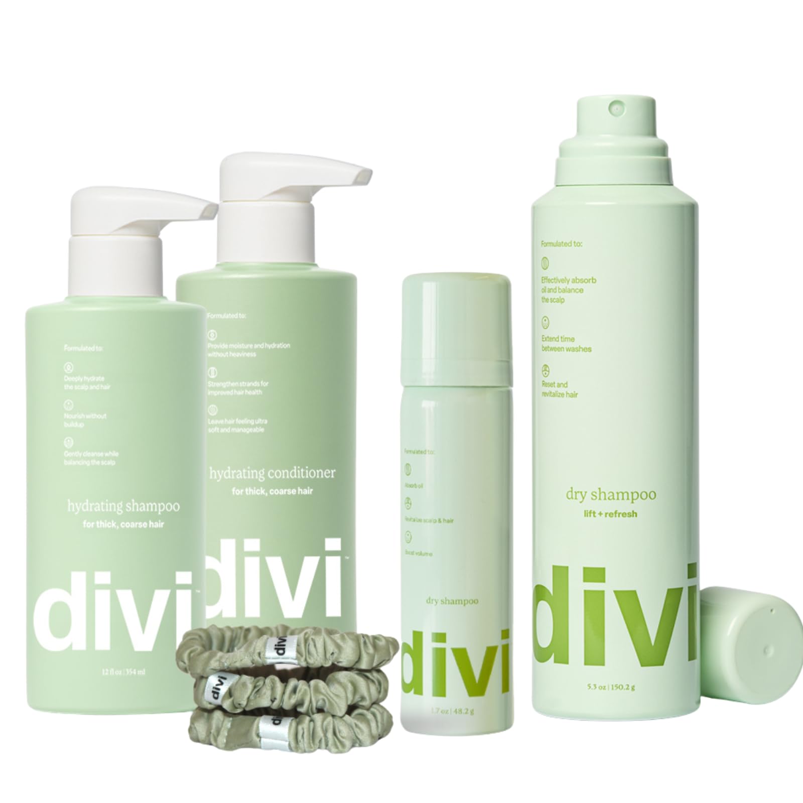 Divi Hydration Essentials Bundle - Hydrating Shampoo & Conditioner Set, Dry Shampoo & Silk Hair Scrunchies for Healthy Moisturized Hair | Daily Hair Care Routine for Women & Men