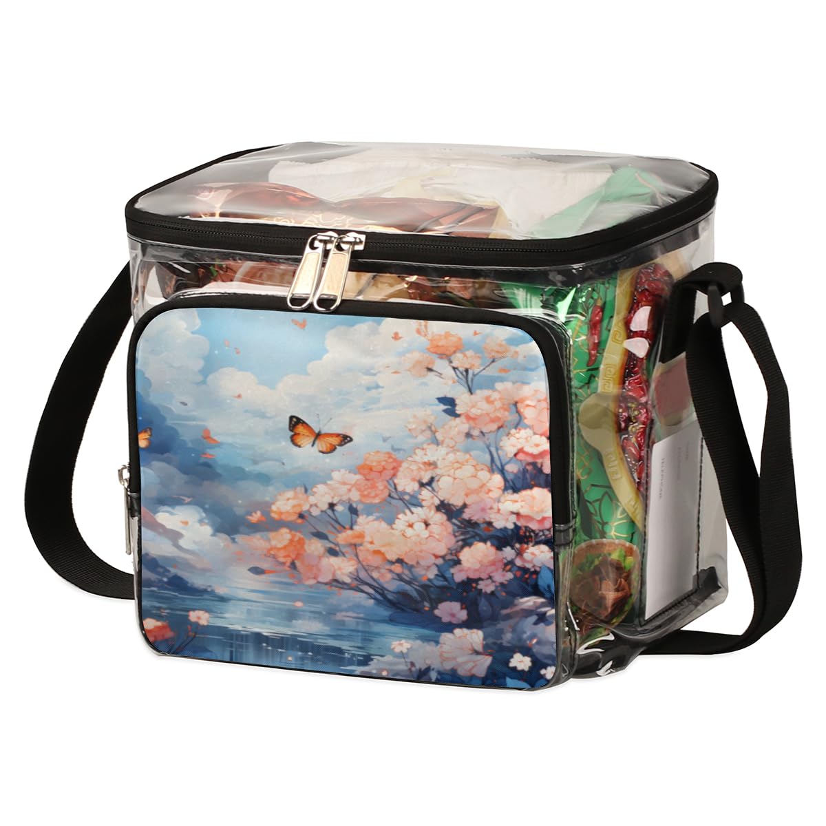 GzLeyigou Transparent Butterfly Flower Tote Bag - Clear Crossbody Shoulder Bag with Handles for Women | Perfect for Outdoor, Travel, Picnic, Concerts & Sports Events | Stadium Approved Lunch Bag (One Size, Multi-Color)